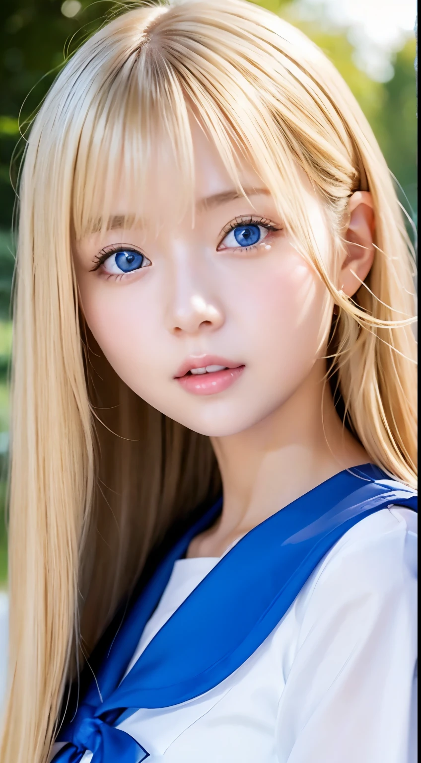 A sexy -yeld widazzling shiny hair, cute and sexy little beautiful face、complete beauty、Shining hair dancing in front of a cute face、long silky shiny bangs that cover the eyes、Shining blonde hair that covers her face、super long blonde hair、sexy cute young woman、super long blonde shiny bright hair、white skin、glowing skin、gross face、cheek gloss、small face beauty、Bright and pale sky blue eyes、very big eye expression、大きくてample breasts、、sailor suit、Blonde hair above one eye Blonde hair above one eye、blonde between the eyes、ample breasts