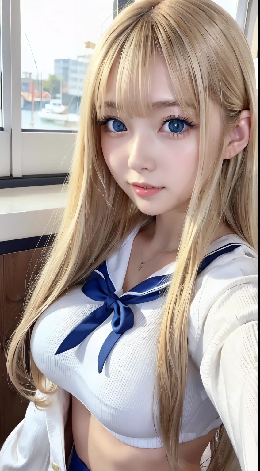 A sexy 17-year-old with dazzling shiny hair, cute and sexy little beautiful face、complete beauty、Shining hair dancing in front of a cute face、long silky shiny bangs that cover the eyes、Shining blonde hair that covers her face、super long blonde hair、sexy cute young woman、super long blonde shiny bright hair、white skin、glowing skin、gross face、cheek gloss、small face beauty、Bright and pale sky blue eyes、very big eye expression、大きくてample breasts、、sailor suit、Blonde hair above one eye Blonde hair above one eye、blonde between the eyes、ample breasts