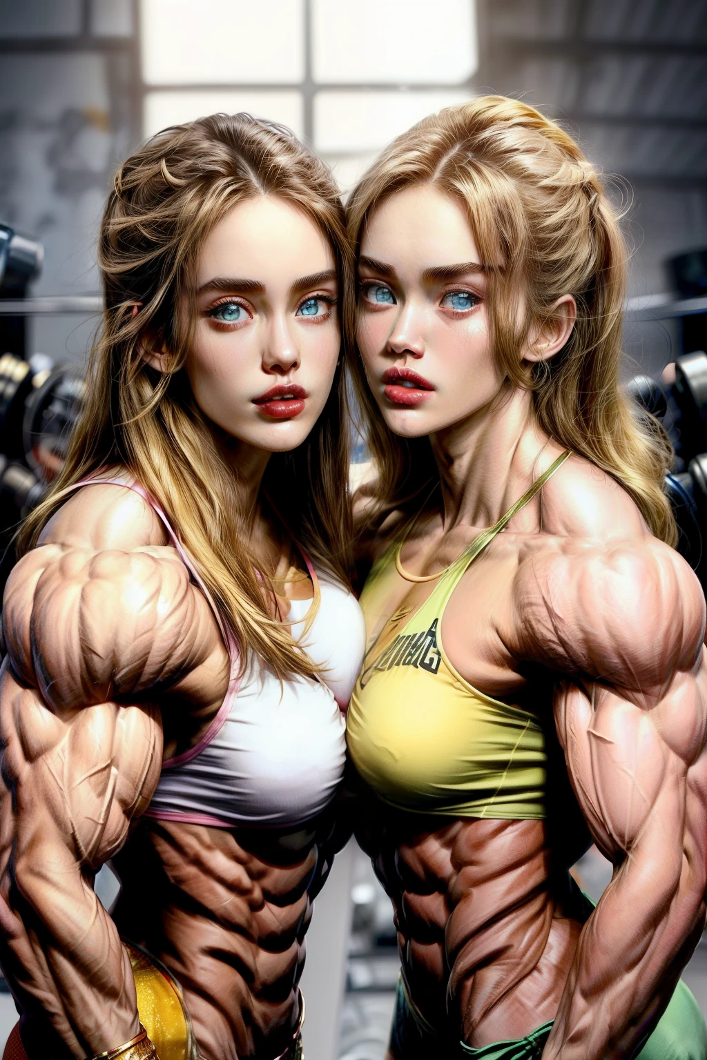 (2 girls body builders:1.6), ((masterpiece)), best quality, ultra-detailed:1.7, finely detail, high resolution:1.6, perfect dynamic composition, beautiful detailed faces:1.77, blonde babes:1.88, perfect pink lipstick, blue eyes, perfect makeup:1.8, short bikini , extra large :1.4, lovely look:1.7, gorgeous face:1.6, defined muscles:1.4, beautiful faces:1.8, alessandra ambrossio, izabel goulart, Kate Upton, Gigi Hadid, candice swanpoel ,popped out dense veins on muscles:1.8, hyper detailed picture:1.4, 8k resolution: 1.7, flex muscles:1.3, hyper muscular body shape:1.42, photorealistic:1.5, realistic:1.6, face masterpiece:1.74, good and professional lighting on picture:1.38, Ukrainian-Brazilian muscle beauty goddess, masterpiece 25 years old Yael Shelbia and Megan Fox as bodybuilders, extremely high resolution, hyper feminine beauty , hyper realistic texture , hyper muscularity, hyper vascularity, ripped body shape, ripped sexy asith bni, muscular ass , toplessissing, good face details, hyper face detailing, doing sex, very detailmuscle fibres, sexy french kiss, rntic, romantic moment, serious muscle posing, hard muscular ass, ass muscle fibresuper que beauty, ginger and blonde barbie face females