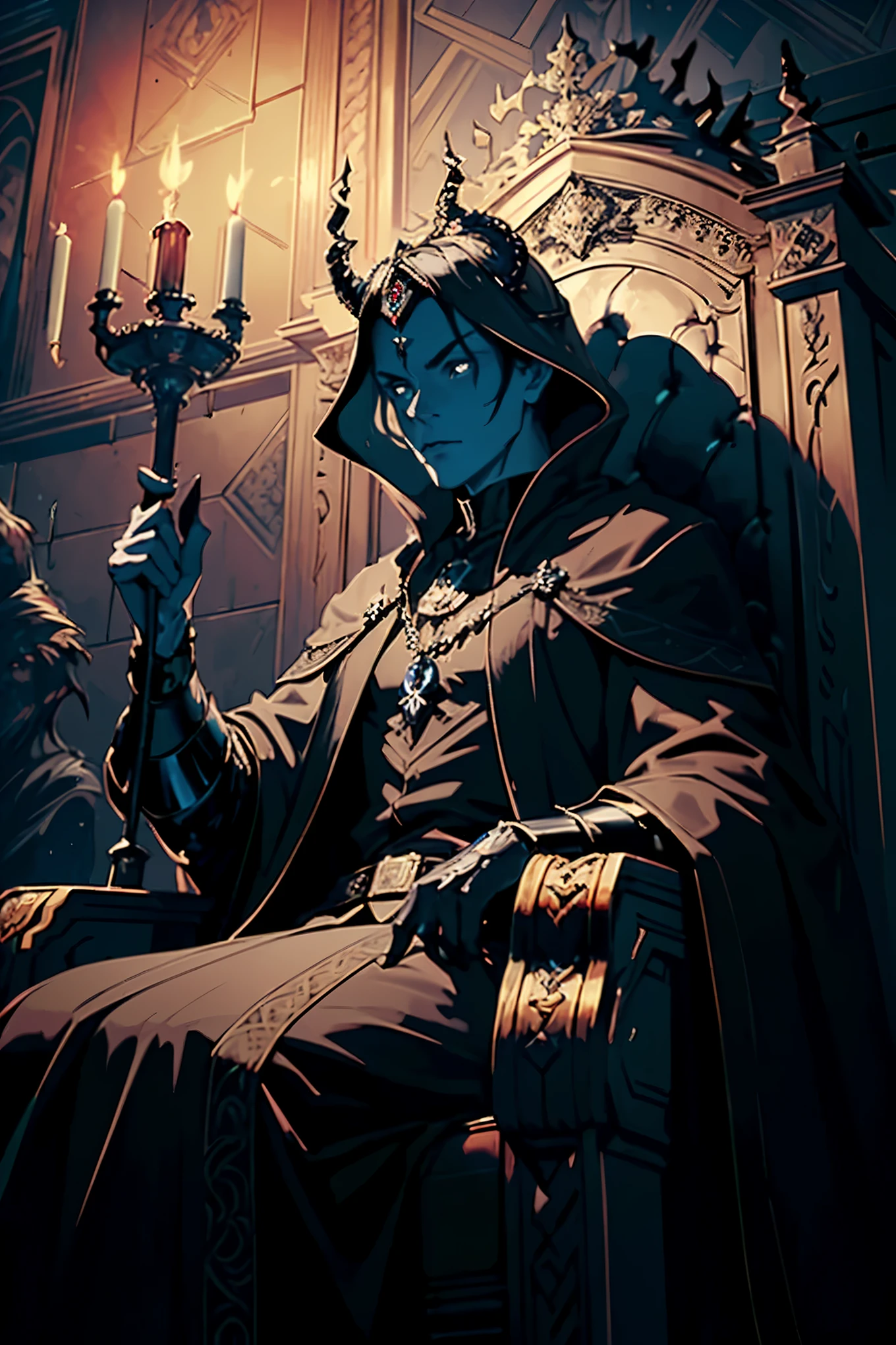 (Masterpiece, High Quality, 1 man, The King of Darkness, sitting, black throne, smoke rising, cinematic lighting, ominous atmosphere, Detailed throne with intricate carvings, Maleficent, evil, glowing eyes, dark and shiny skin, long cape, crown with precious gems, mysterious background, Dimly lit room, Shiny and polished surface of the throne, Sensual and seductive posture, Physically-based rendering, Realistic texture of the throne, Ideal for a wallpaper, Detailed and intricate background depicting a dark forest or castle, Masterpiece of horror and darkness, Evoking a sense of fear and awe