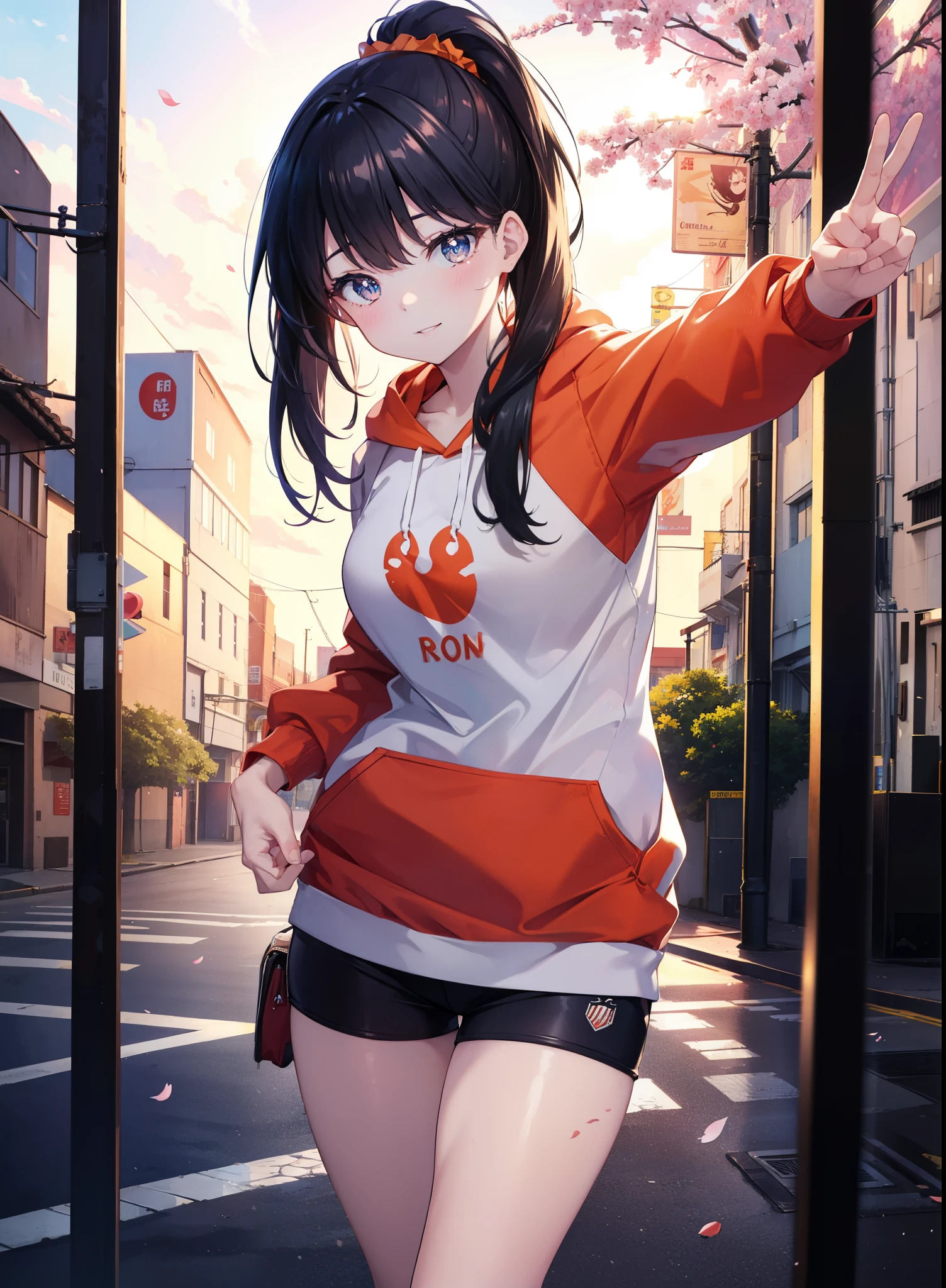 It&#39;s a good body, rikka takarada, black hair, blue eyes, long hair, orange Scrunchie, Scrunchie, wrist Scrunchie,ponytail,happy smile, smile, open your mouth,,take a selfie from above your head,Put your left hand over your mouth and make a peace sign,oversized red hoodie,shorts,black pantyhose,short boots,morning,morning日,the sun is rising,cherry blossoms are blooming,Cherry blossoms are scattered,
break outdoors, In town,residential street,
break looking at viewer, (cowboy shot:1.5),
break (masterpiece:1.2), highest quality, High resolution, unity 8k wallpaper, (figure:0.8), (detailed and beautiful eyes:1.6), highly detailed face, perfect lighting, Very detailed CG, (perfect hands, perfect anatomy),