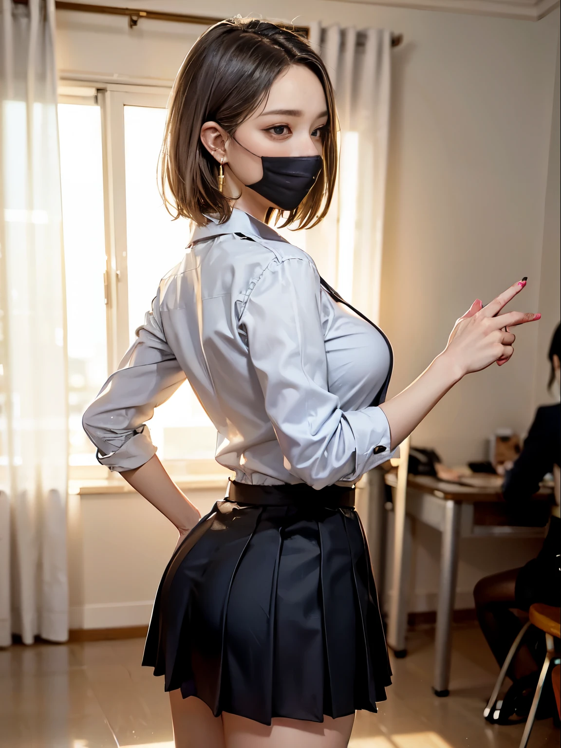 masterpiece, highest quality, official art, very detailed, perfect hands, perfect eyes, three girls, flight attendant, different uniforms, tight uniform, high heels, airport、The 高いest quality, masterpiece, formal, movie atmosphere、、(key light：Front diagonal 45 degrees, fill light、Backlight、Shadow、blue and orange color palette), accurate human body、knowledgeable person、Correct five-finger、 (dripping sweat、oil skin,Sparkling肌、realistic skin texture、Fine and beautiful skin、shiny skin、shiny skin) (detailed pupil, perfect eyes:1.2), (Clothes that reflect light and are wrinkled and shiny:1.2), Sparkling, Sparklingした金色, (hoop earrings), necklace, glamorous perfect female proportions, enchanting smile, fine surface texture, 高い school girl、bewitching woman、(black hair、straight berry short hair)、((big breasts)), big breastsの谷間、gallons of 1、high school girl、high school clothes、White shirt and black pleated skirt、((black mask)), late night、hotel at night、