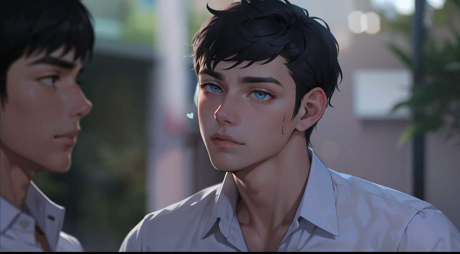 estilo anime 2d. there are two 16 year old boys , estan tristes lagrimas en los ojos uno esta de perfil cabello gris el otro lo mira triste cabello naranja
