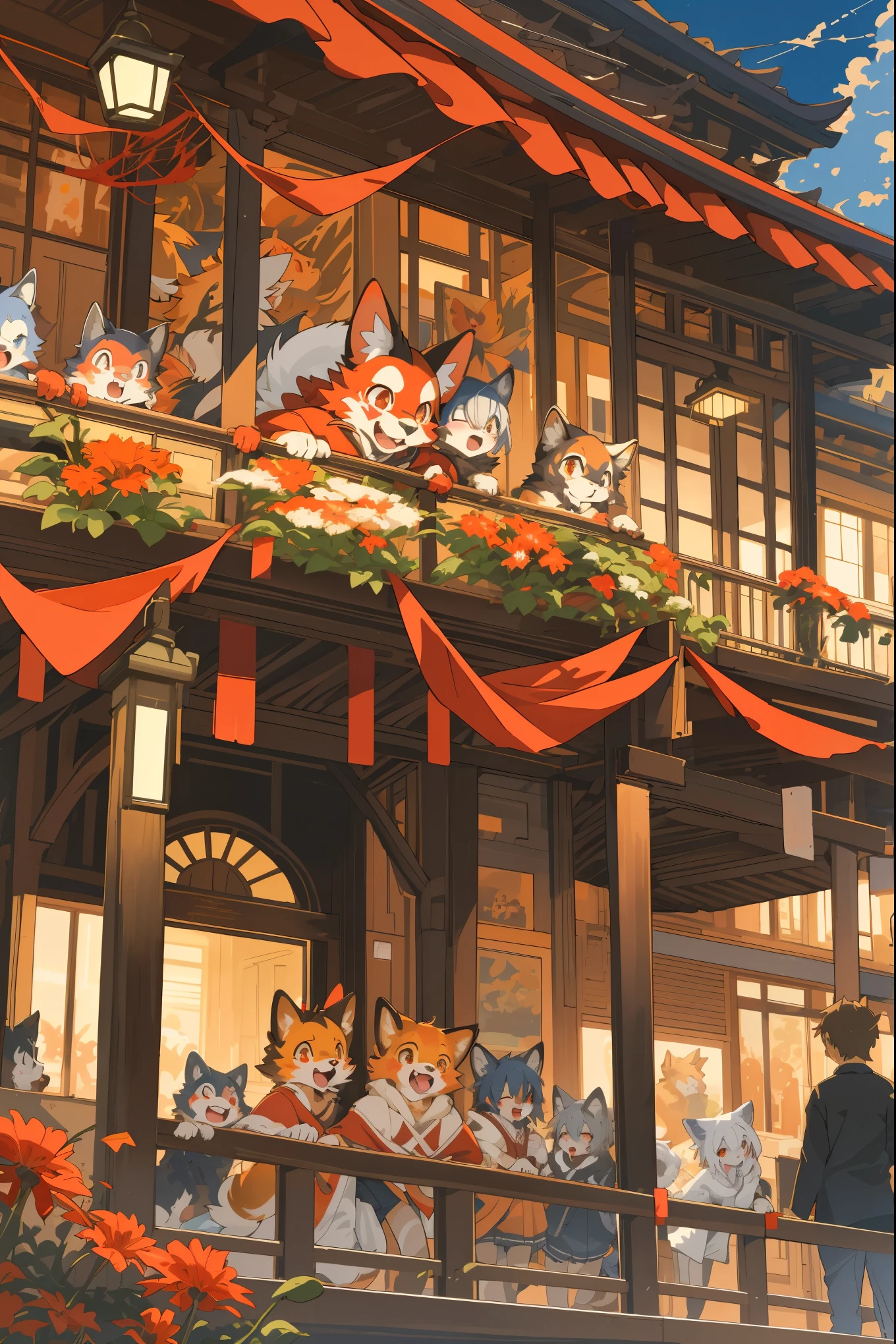 cover_page, highres, top quality, best quality, paid reward available, High-quality illustrations, unparalleled masterpiece, perfect artwork, absurdres, super high resolution, detailed background, red spider lilies, 6+boys, 6+girls, Happy, joyful(Photos of solo travelers)(kemono, furry anthro),