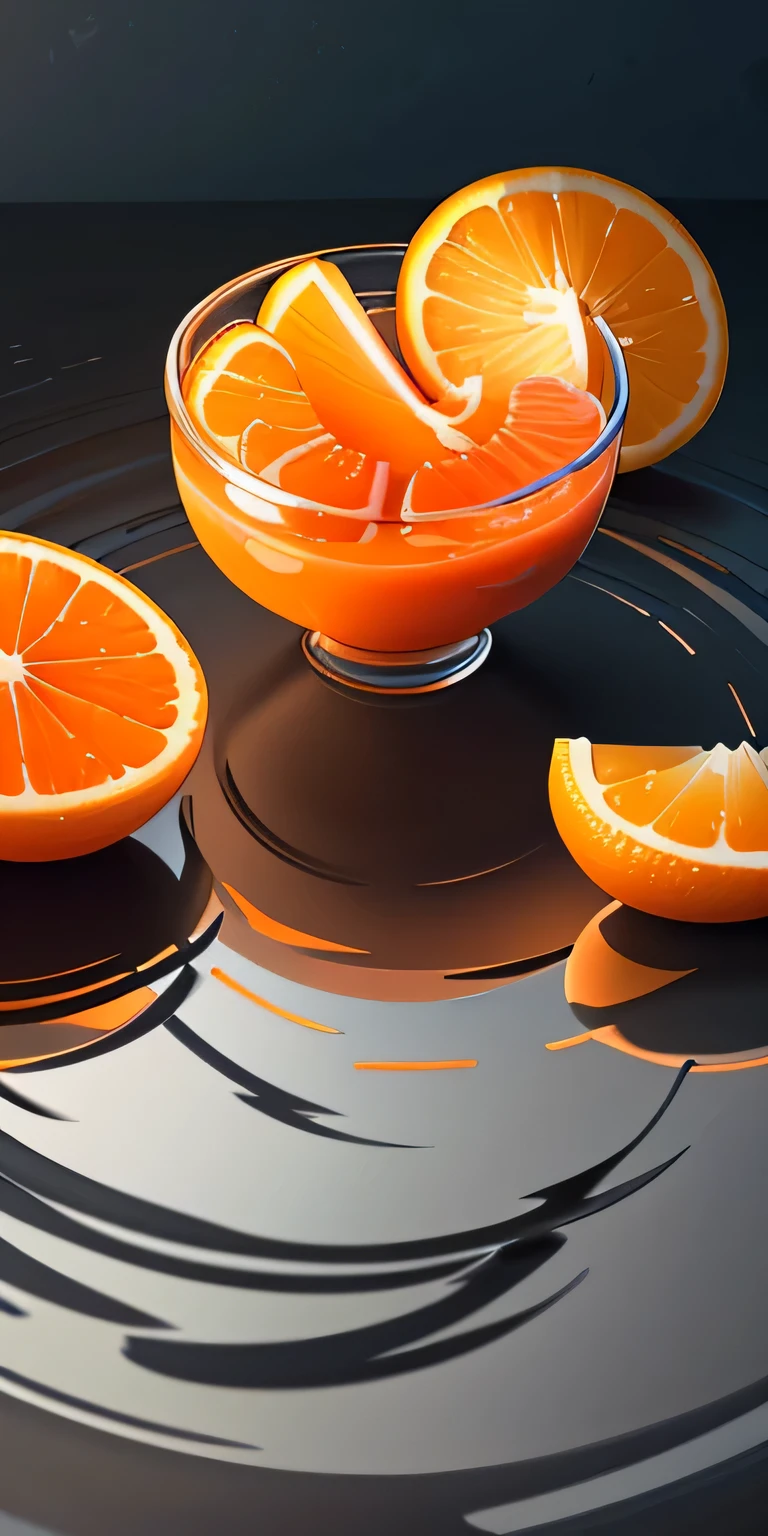 Masterpiece, best quality, (very detailed CG unity 8k wallpaper) (best quality), (best illustration), (best shadows) Cut orange fruit soaked in water, super detailed --v6