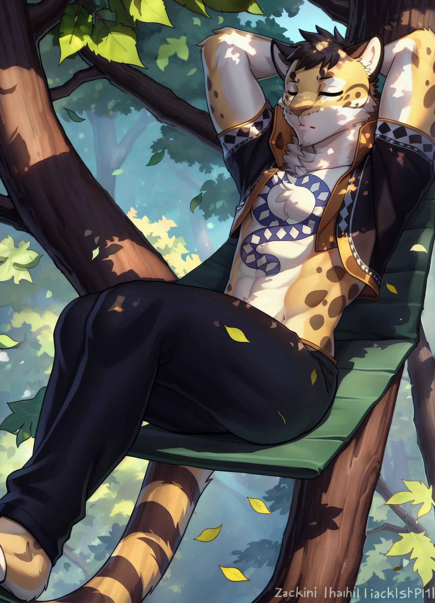 likulau, solo, leopard tail, yellow eyes, (soft shading), 4k, hi res, ((detailed face, (detailed eyes:1.0), detailed)), , by zackarry911, by zaush, (by personalami:0.5),  solo, 1boy, jacket, closed eyes, male focus, lying, on back, tree, feet out of frame, leaf, sunlight, sleeping, arms behind head, dappled sunlight, tree shade, hammock, pants