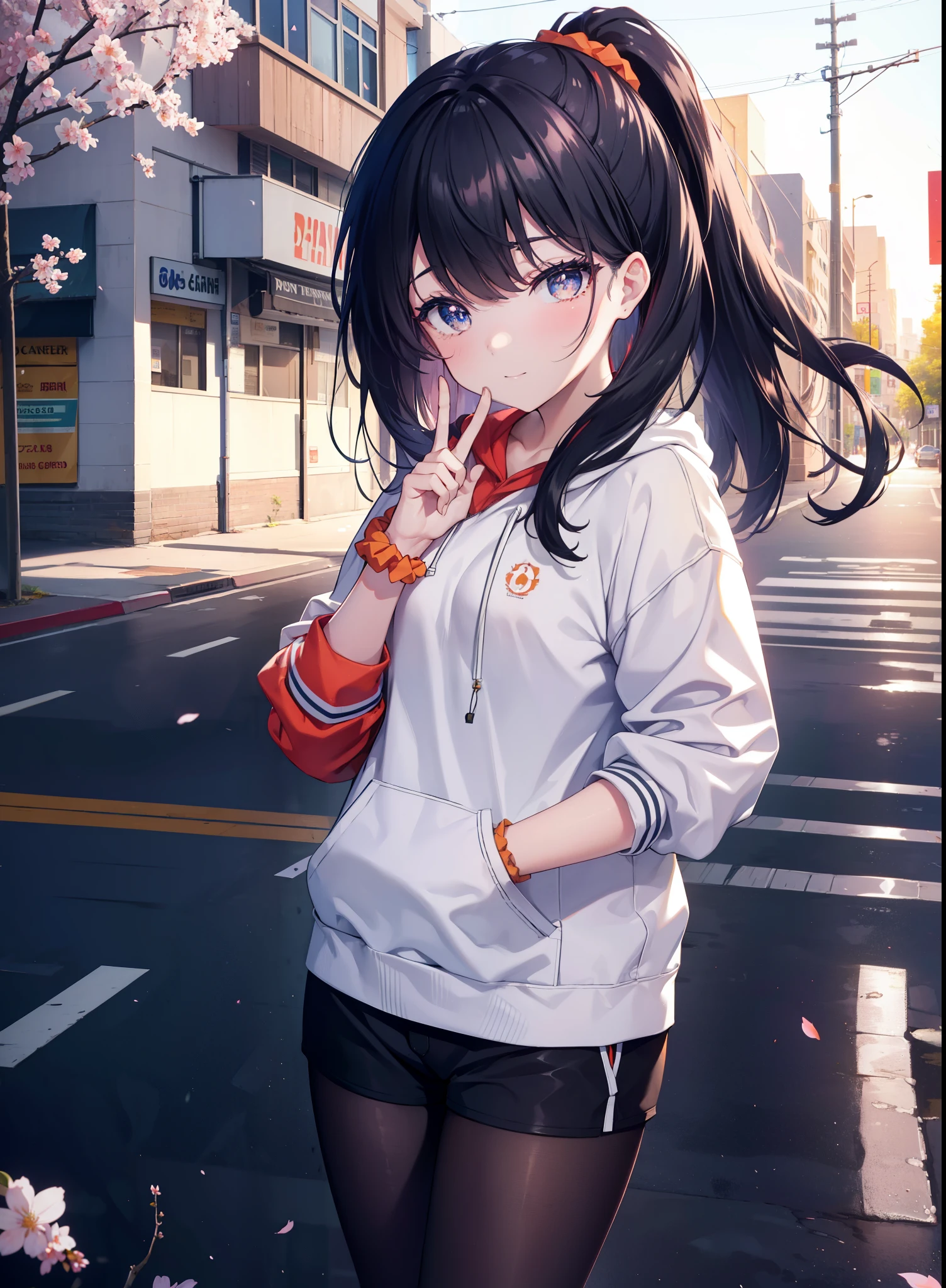 It's a good body, rikka takarada, black hair, blue eyes, long hair, orange Scrunchie, Scrunchie, wrist Scrunchie,ponytail,happy smile, smile, open your mouth,,take a selfie from above your head,Put your left hand over your mouth and make a peace sign,oversized red hoodie,shorts,black pantyhose,short boots,morning,morning日,the sun is rising,cherry blossoms are blooming,Cherry blossoms are scattered,
break outdoors, In town,residential street,
break looking at viewer, (cowboy shot:1.5),
break (masterpiece:1.2), highest quality, High resolution, unity 8k wallpaper, (figure:0.8), (detailed and beautiful eyes:1.6), highly detailed face, perfect lighting, Very detailed CG, (perfect hands, perfect anatomy),