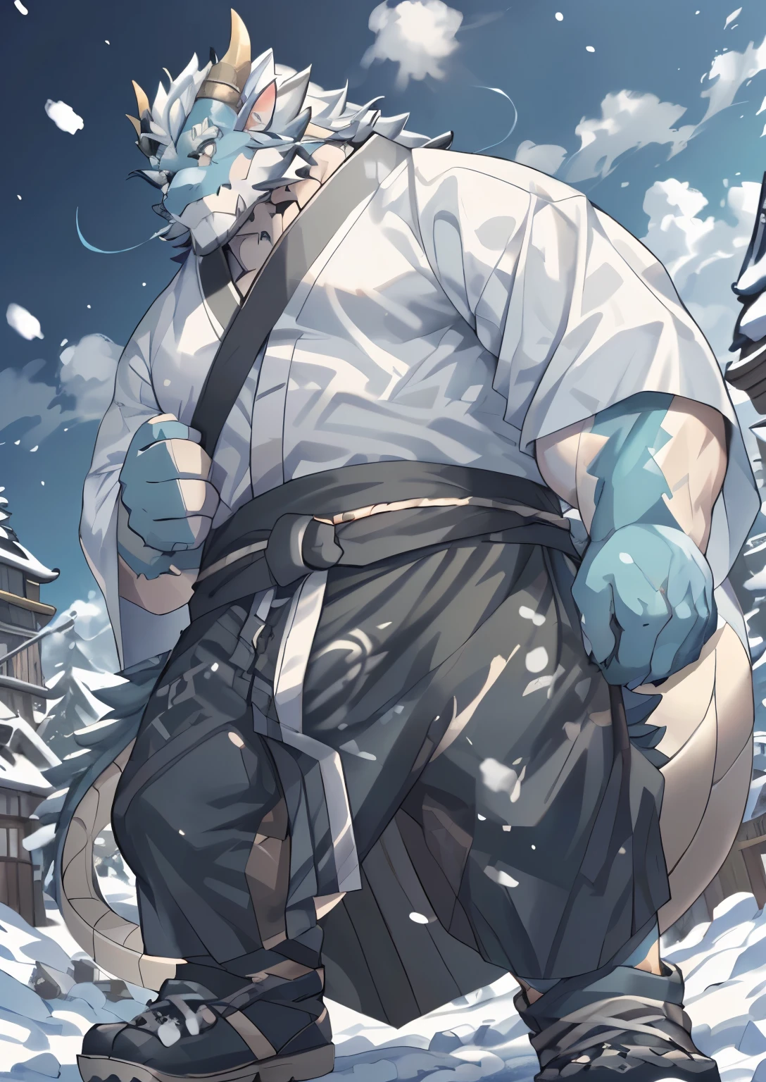 (black skin oriental dragon),(Black and white yin yang general naked kimono),Holding a long sword,strong posture,stand calmly,(The background is a city covered in ice and snow:1.2),abdominal ,heroic posture飒爽,perfect masterpiece,Various facial details,distance perspective,specific description,masterpiece,CG,(golden eyes),black and white pattern,dark purple tail,General,heroic posture,dragon,black and white fur,Specific facial details,Half body,(Black and white yin and yang general combat shoes),(Chang Ling),((middle aged)),(Face focus),(16K),HD,black and white belly,temple,beard,(Face line),different students,(Black and white yin and yang naked kimono),(black and white hair),Strong,muscle,(High resolution:1.3),(Standing in front of a city covered in ice and snow),(close up),(Detailed face:1.5),Perfect details,(Half body),(Detailed depiction of face:1.5),(Zoom in on face:1.5),(白色Face line:1.2),(black beard:1.3),(white face;1.6),white body