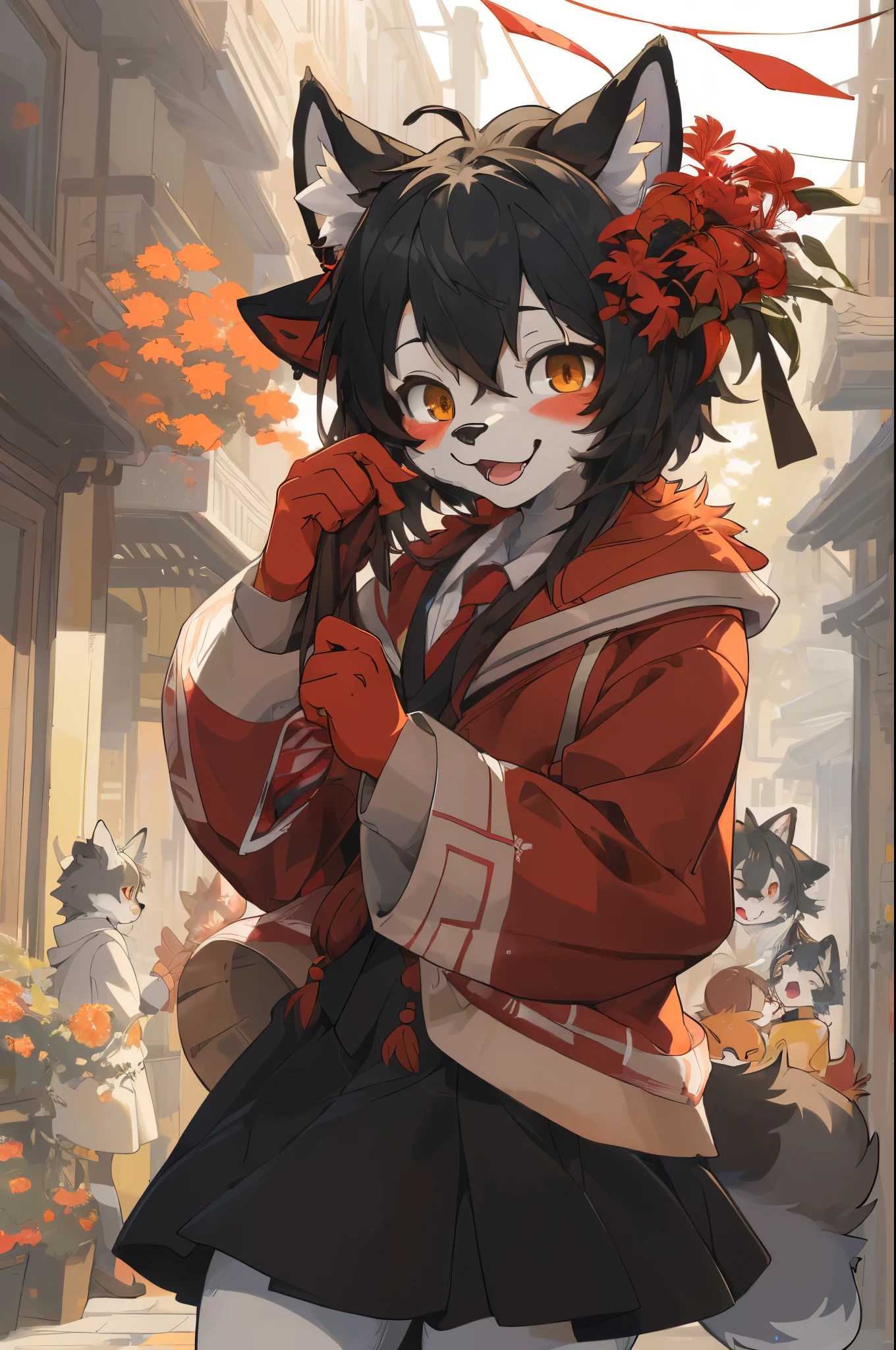 (furry art, uploaded on e621:1.4)cover_page, highres, top quality, best quality, paid reward available, High-quality illustrations, unparalleled masterpiece, perfect artwork, absurdres, super high resolution, detailed background, red spider lilies, 6+boys, 6+girls, Happy, joyful(Photos of solo travelers)(kemono, furry anthro),