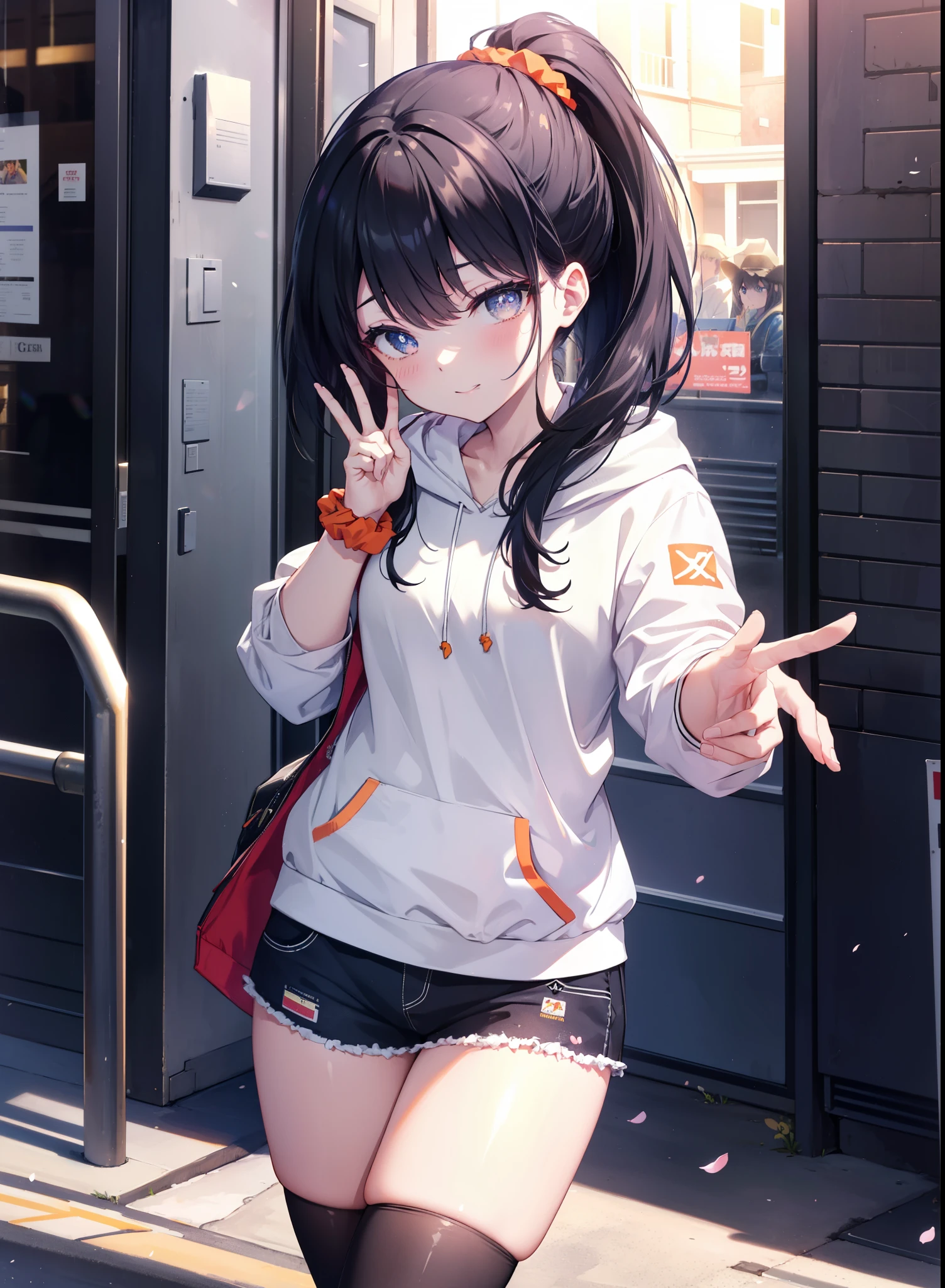 It&#39;s a good body, rikka takarada, black hair, blue eyes, long hair, orange Scrunchie, Scrunchie, wrist Scrunchie,ponytail,happy smile, smile, open your mouth,,take a selfie from above your head,Put your left hand over your mouth and make a peace sign,oversized red hoodie,shorts,black pantyhose,short boots,morning,morning日,the sun is rising,cherry blossoms are blooming,Cherry blossoms are scattered,
break outdoors, In town,residential street,
break looking at viewer, (cowboy shot:1.5),
break (masterpiece:1.2), highest quality, High resolution, unity 8k wallpaper, (figure:0.8), (detailed and beautiful eyes:1.6), highly detailed face, perfect lighting, Very detailed CG, (perfect hands, perfect anatomy),