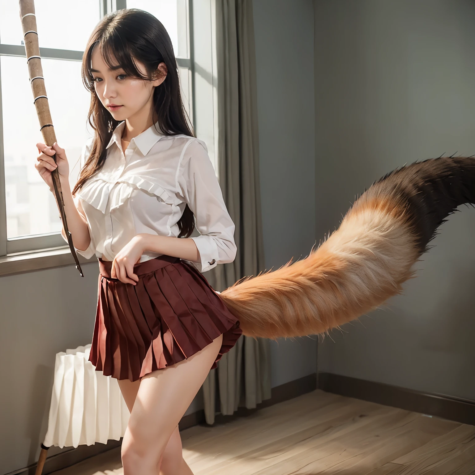Girl with a furry tail ,赤狐のようなtail, tail, collared shirt,table top, 最high quality, figure, Ultra-detailed, finedetail, High resolution, 8k wallpaper, 完璧なダイナミックな構figure, Beautiful detailed eyes,Full body shot,Show me your whole body、thin and transparent、long hair, ,crying face,Harajuku、20 year old girl、eyeliner、beautiful bangs、hair between eyes、最high quality、ultra-detail、film light、tail、High resolution、tail))、detailed background、8KUHD、Digital single-lens reflex camera、soft light、high quality、film grain、Fujifilm XT3 、shallow depth of field、natural soft light、Kamimei、I looked at my knees., sexy shot looking at camera、on the leg、Full body shot facing the camera、Turn around and touch the tail that grows from your butt.、(The growing tail lifts up the pleated skirt.:1.9)、(small breasts:1.9), (Thick and bushy red fox tail:1.9)、(A tail extends from the coccyx:1.9)、(Stick your butt out to the camera and show the tail growing out of your butt:1.9)