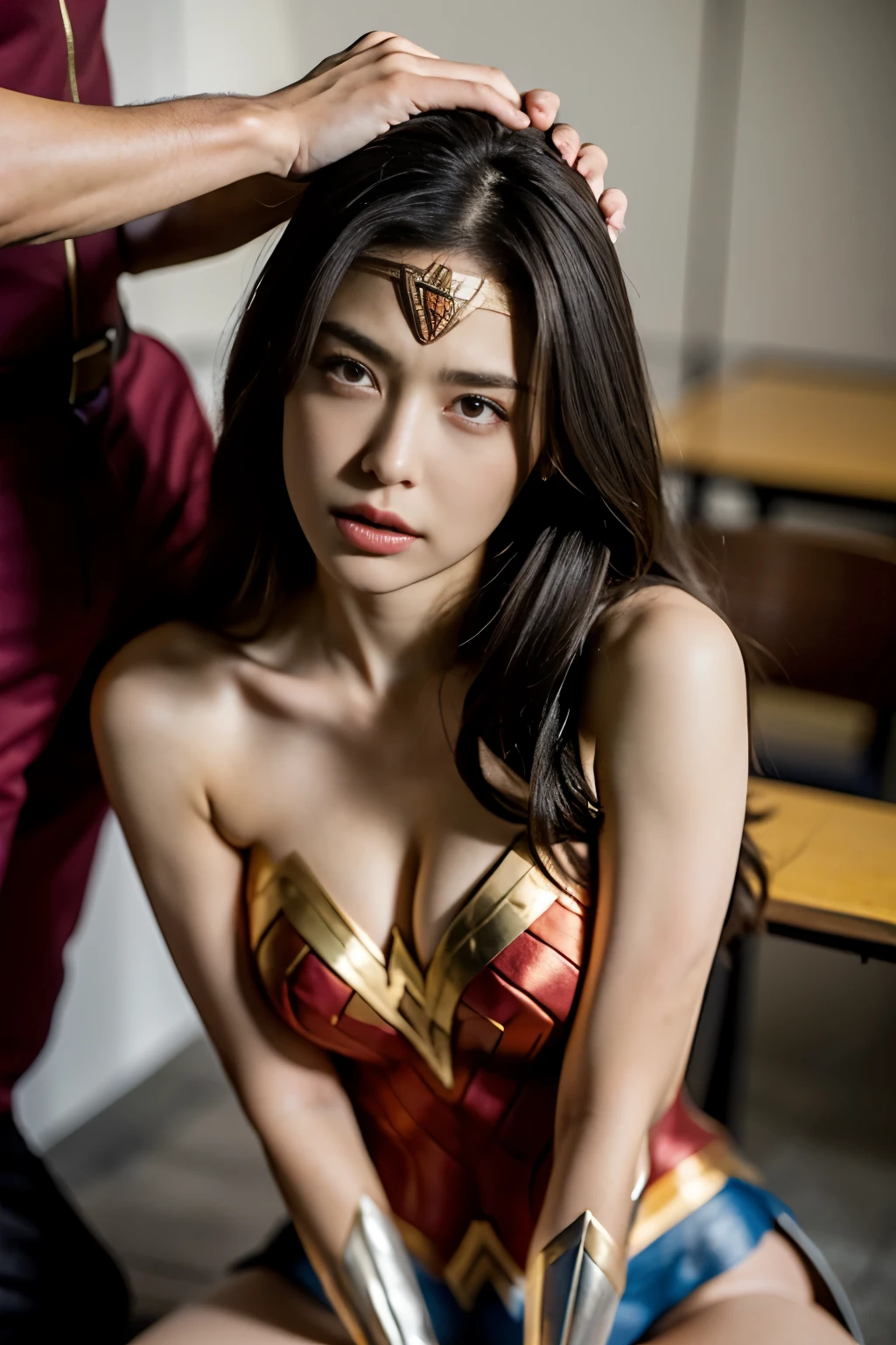 NSFW, Wonder Woman crawls on all fours in front of a man ,(wonder woman costume:1.2), masterpiece, highest quality, realistic:1.4), (shiny skin), (UHD, 8k wallpaper, High resolution), perfect anatomy, cinematic lighting, Physically based rendering, award-winning, highly detailed skin, highly detailed face, Beautiful eyes in every detail, (((1 girl and 1 person, couple, have ))), (A man stands in front of a kneeling woman, grab her head), big , girl excited to meet a guy, (girl kneeling in front of a man:1.3), (woman tilting her head), girl looking at man,(long brown hair, Bangesium breasts with cleavage, (The height of the thighs can be seen through), (obedient), (1 girl: Nose, cheeks, eyelashes) , In the classroom at midnight, (1 person: Handsome man wearing a recruitment suit, hug her head, stand in front of her, hug her head,cover your face with your hands,grab your face,lick your face,touch your face,lick her head), Photographed from diagonally in front,she grimaced,Close ~ eyes,tired face,Has a sad face,She's panting