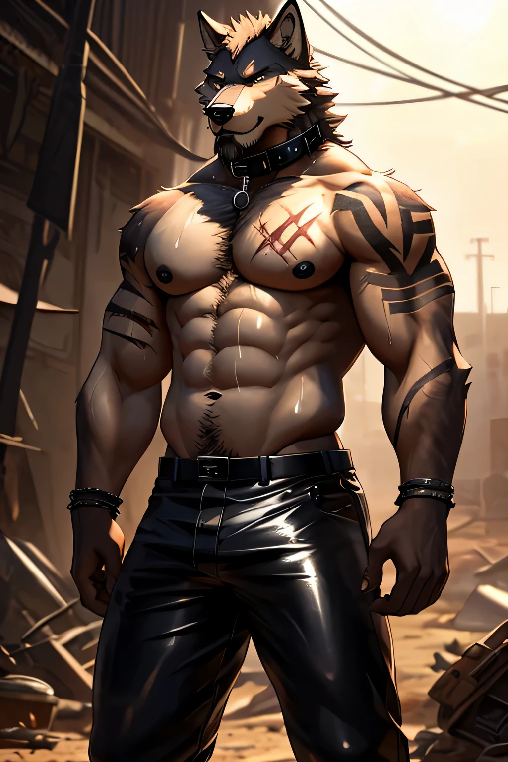 Masterpieces, furry, male, Anthropomorphic, wolf, veiny, slender body type, Delicate eyes, goatee, grizzled fur, white underbelly, glistening body, thug, wasteland thug, tan skin, dirty, depth of field, perfect lighting, (best quality),(masterpiece),(ultra detailed), sharp focus, detailed wasteland background, shirtless, huge and succulent black nipples, fierce look, scars, veiny calves, black collar, tattoo, glossy oiled up skin, sweating, wet, black latex pants