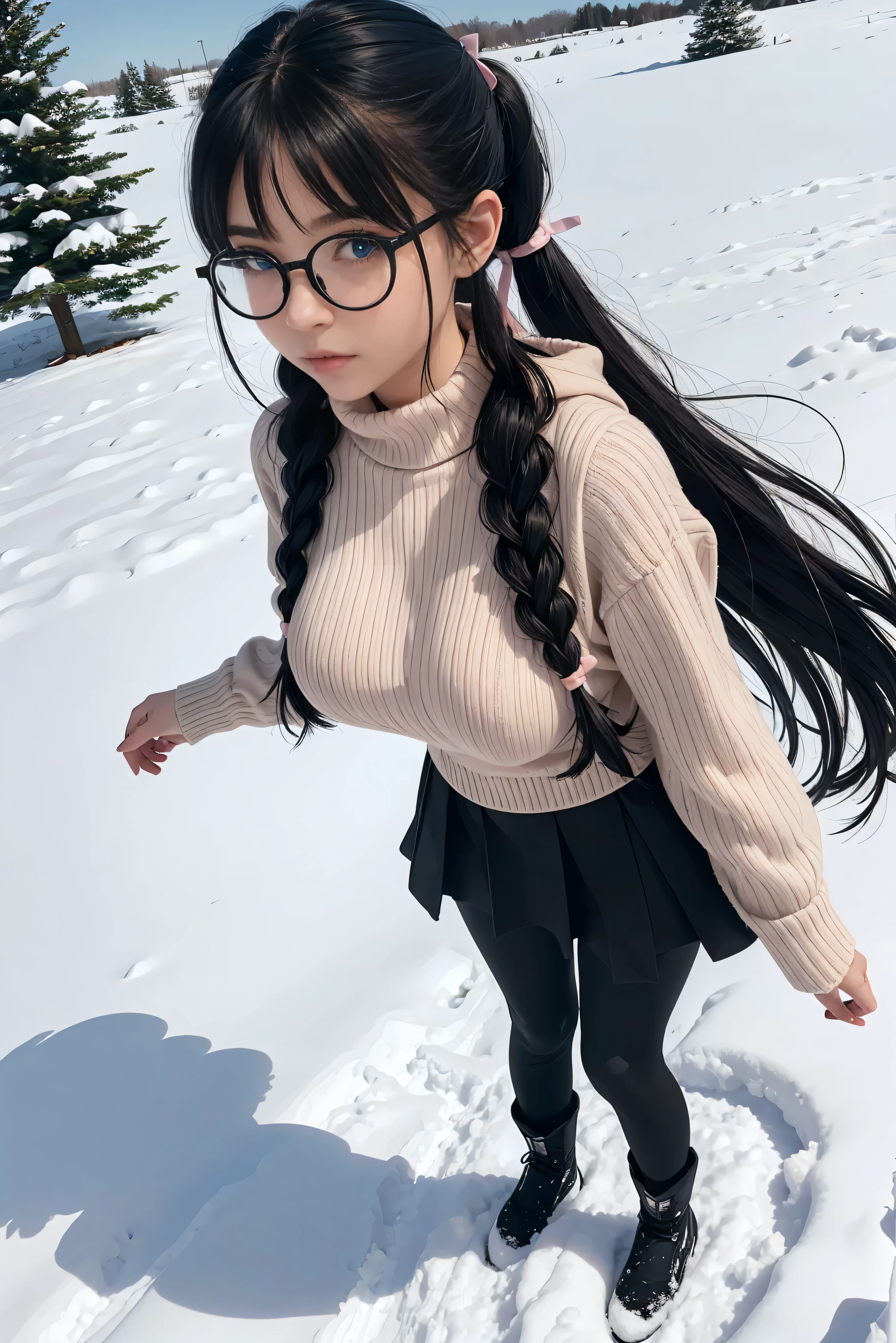 (Best Quality,High resolution:1.2), Ultra-detailed, Realistic portrait, cute girl, pretty face, perfect long legs, full body, tiny waist. large breasts, standing, tight white jumper, black high waist leggings, pink and white snow boots, in the snow, large blue eyes, long black hair tied up with a ribbon, pigtails, tight high waist skirt, woolen socks, hair bangs, large round black rimmed glasses