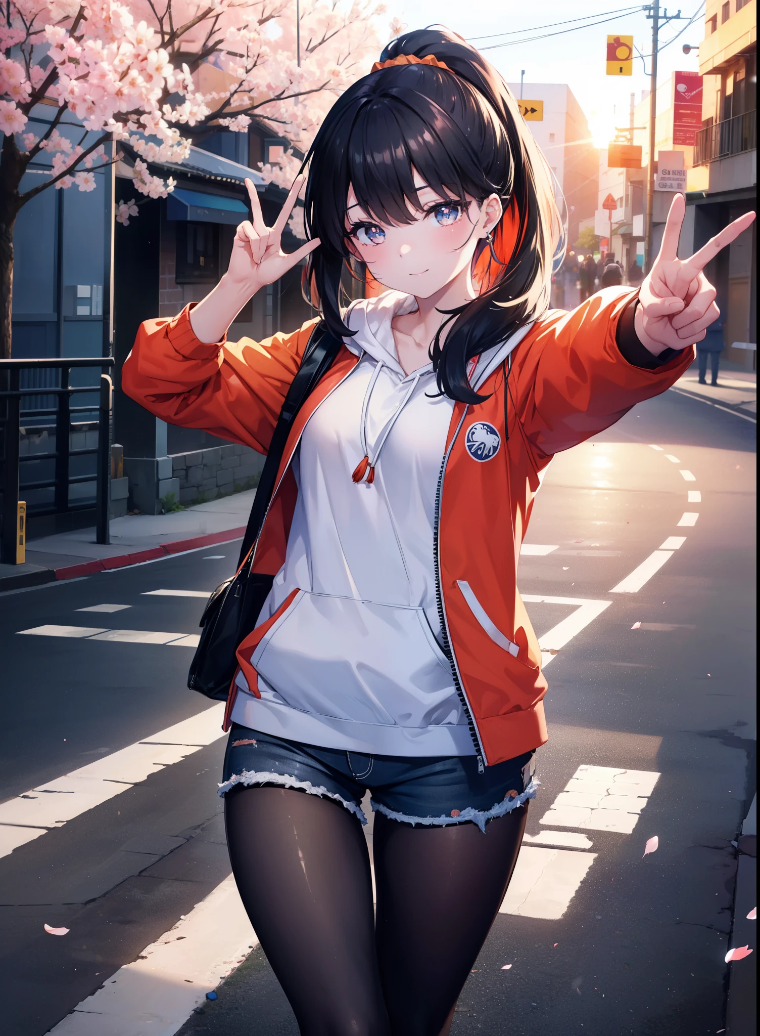 It&#39;s a good body, rikka takarada, black hair, blue eyes, long hair, orange Scrunchie, Scrunchie, wrist Scrunchie,ponytail,happy smile, smile, open your mouth,,take a selfie from above your head,Put your left hand over your mouth and make a peace sign,oversized red hoodie,shorts,black pantyhose,short boots,morning,morning日,the sun is rising,cherry blossoms are blooming,Cherry blossoms are scattered,
break outdoors, In town,residential street,
break looking at viewer, (cowboy shot:1.5),
break (masterpiece:1.2), highest quality, High resolution, unity 8k wallpaper, (figure:0.8), (detailed and beautiful eyes:1.6), highly detailed face, perfect lighting, Very detailed CG, (perfect hands, perfect anatomy),