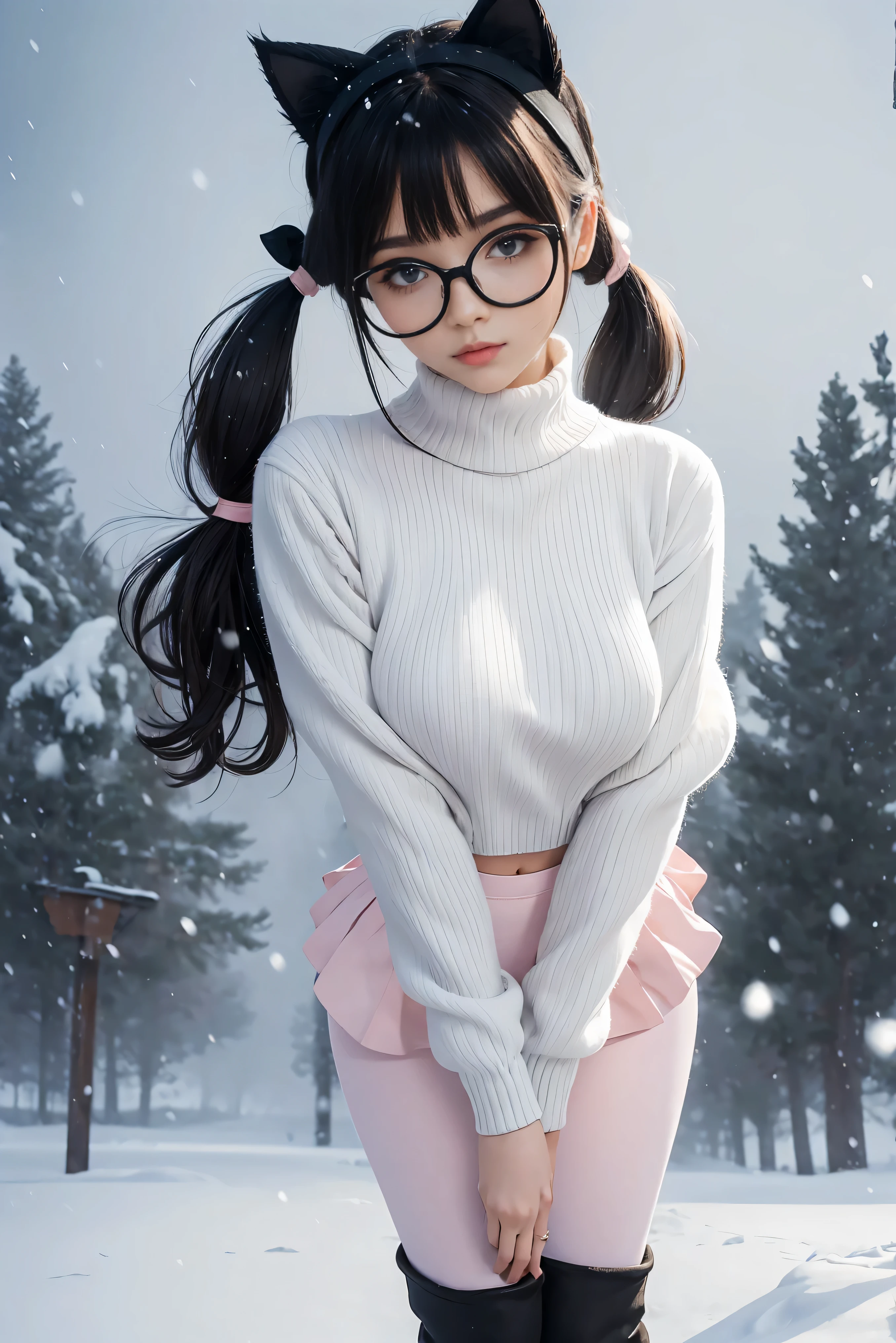 (Best Quality,High resolution:1.2), Ultra-detailed, Realistic portrait, hot Russian girl, pretty face, perfect long legs, full body, tiny waist. large breasts, standing, tight white cropped jumper, black high waist leggings, pink and white snow boots, in the snow, large blue eyes, long black hair tied up with a ribbon, pigtails, tight high waist mini skirt, woolen socks, hair bangs, snowing, foggy, (large round black rimmed glasses), cat ears