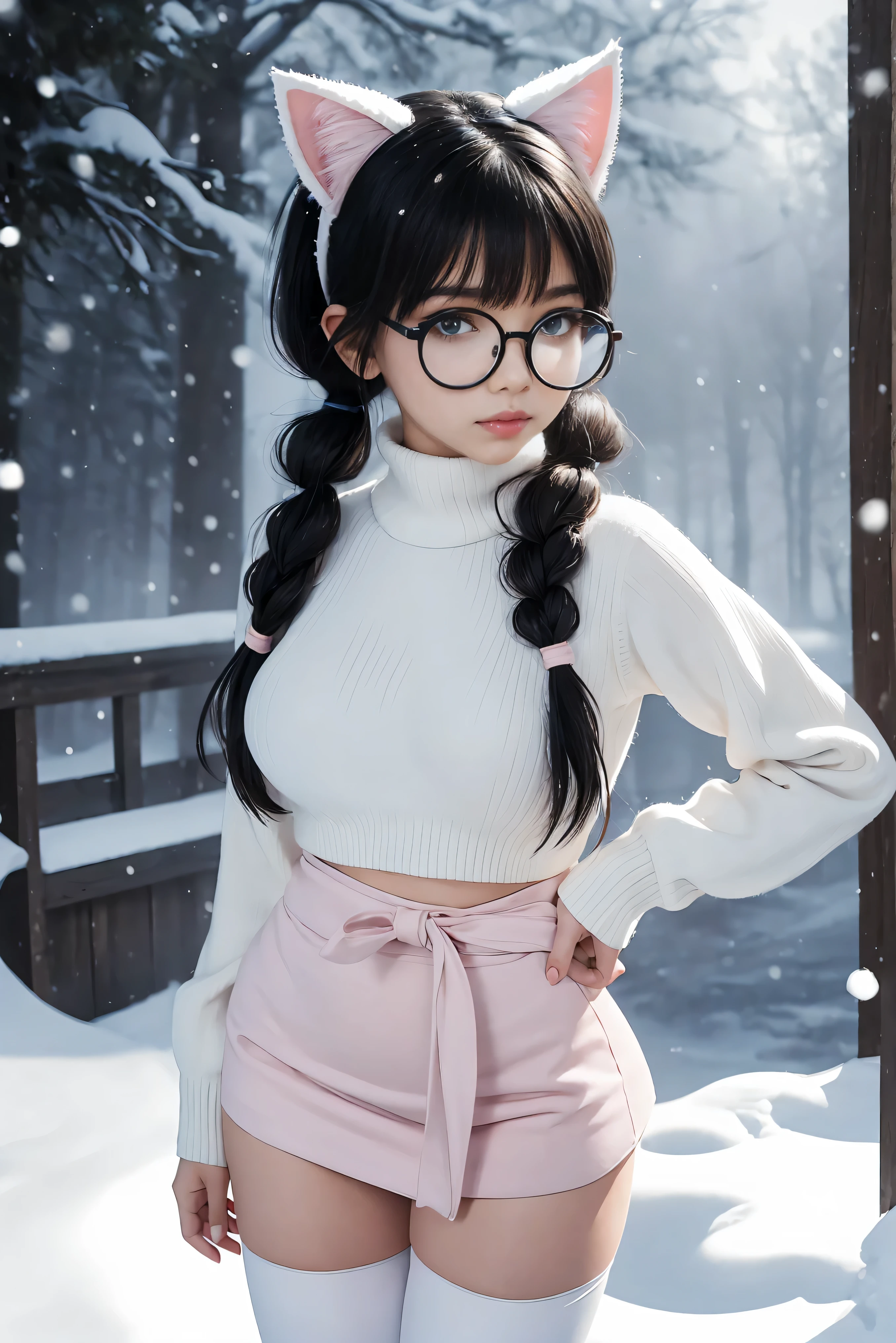 (Best Quality,High resolution:1.2), Ultra-detailed, Realistic portrait, hot Russian girl, pretty face, perfect long legs, full body, tiny waist. large breasts, standing, tight white cropped jumper, black high waist leggings, pink and white snow boots, in the snow, large blue eyes, long black hair tied up with a ribbon, pigtails, tight high waist mini skirt, woolen socks, hair bangs, snowing, foggy, (large round black rimmed glasses), cat ears, (large bow at the back of head, midriff), ((sexy pose))