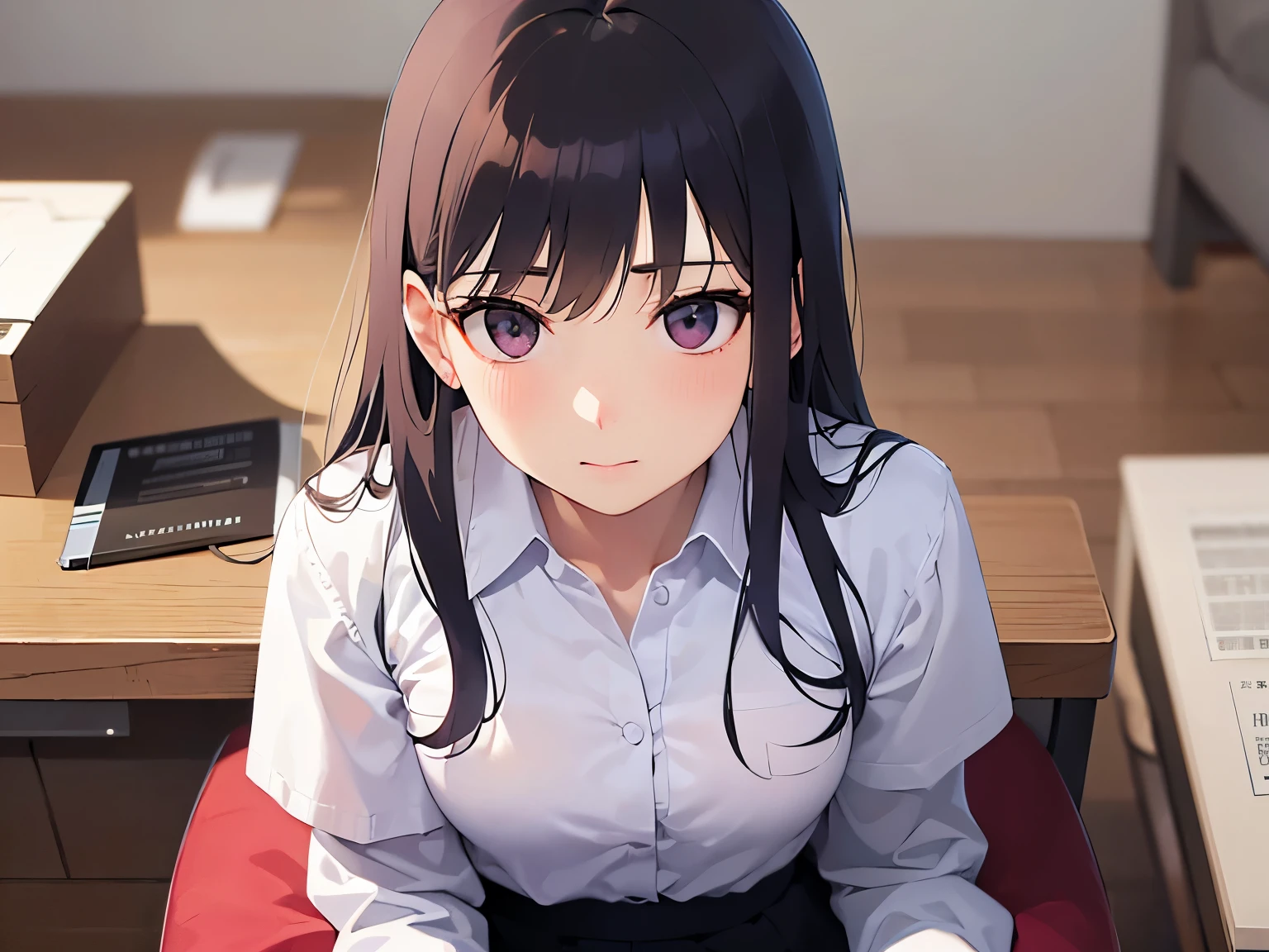 sitting on Chair, hand between legs、shooting from above、looking up, Upper Body, Realistic, real person, (pale skin: 1.2), RAW photo, photorealistic, portrait photography, shiny skin, japanese idol、shiny hair、(25 year old woman with straight medium hair with bangs) and (black hair) and (purple eyes) , (white collared shirt) and (long sleeve) 、Tight Skirt、(embarrassed:1.3), The background is an office room at night.、Alone、Are standing