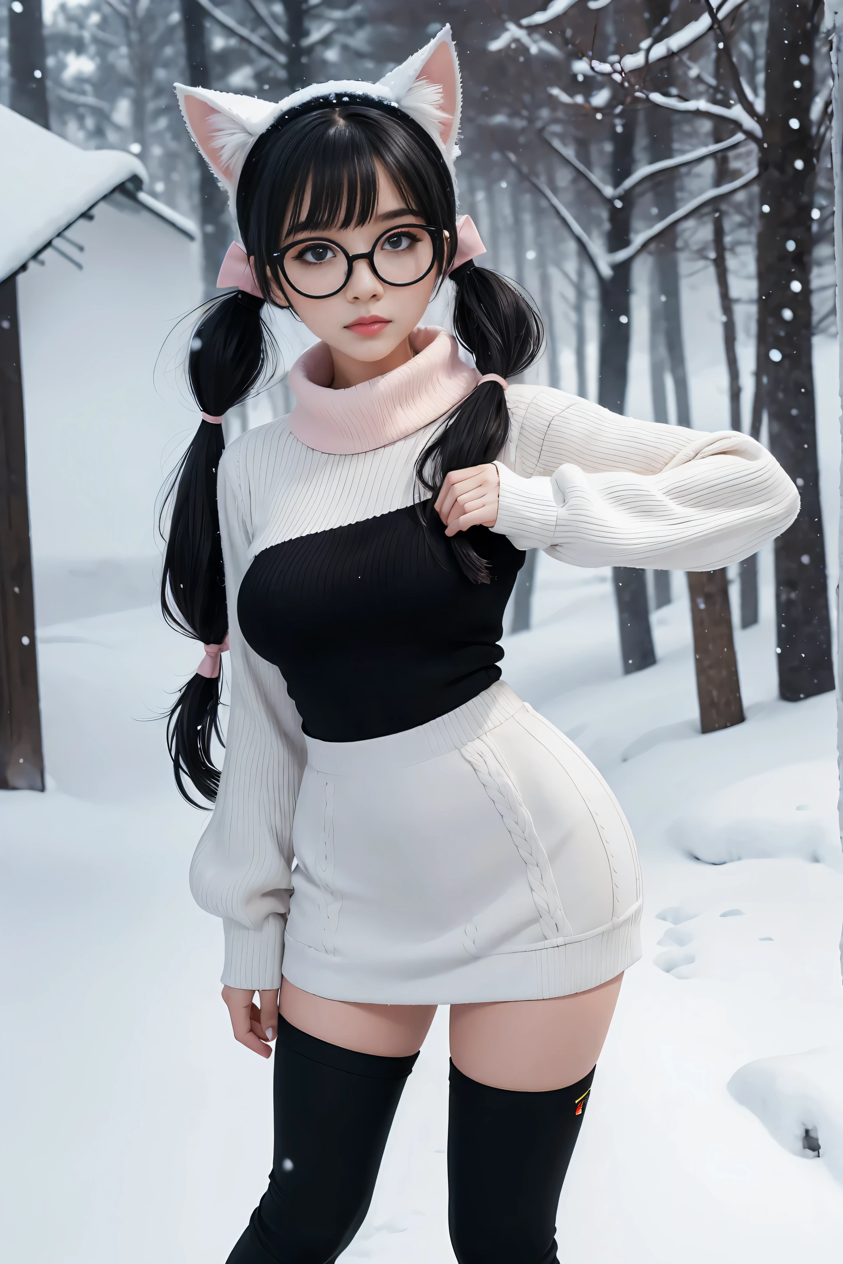 (Best Quality,High resolution:1.2), Ultra-detailed, Realistic portrait, hot Russian girl, pretty face, perfect long legs, full body, tiny waist. large breasts, standing, tight white cropped jumper, black high waist leggings, pink and white snow boots, in the snow, large blue eyes, long black hair tied up with a ribbon, pigtails, tight high waist mini skirt, woolen socks, hair bangs, snowing, foggy, (large round black rimmed glasses), cat ears