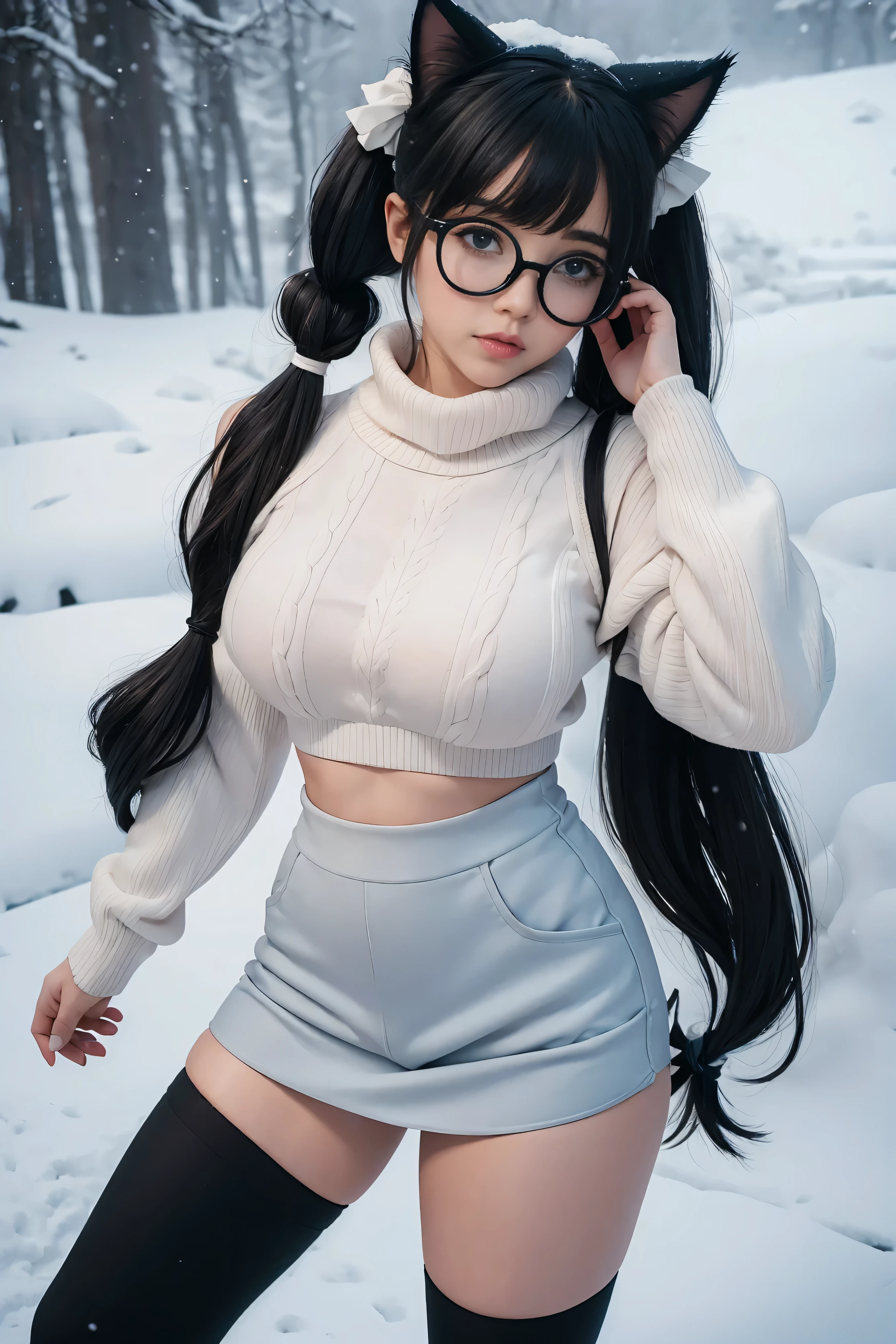 (Best Quality,High resolution:1.2), Ultra-detailed, Realistic portrait, hot Russian girl, pretty face, perfect long legs, full body, tiny waist. large breasts, standing, tight white cropped jumper, black high waist leggings, pink and white snow boots, in the snow, large blue eyes, long black hair tied up with a ribbon, pigtails, tight high waist mini skirt, woolen socks, hair bangs, snowing, foggy, (large round black rimmed glasses), cat ears