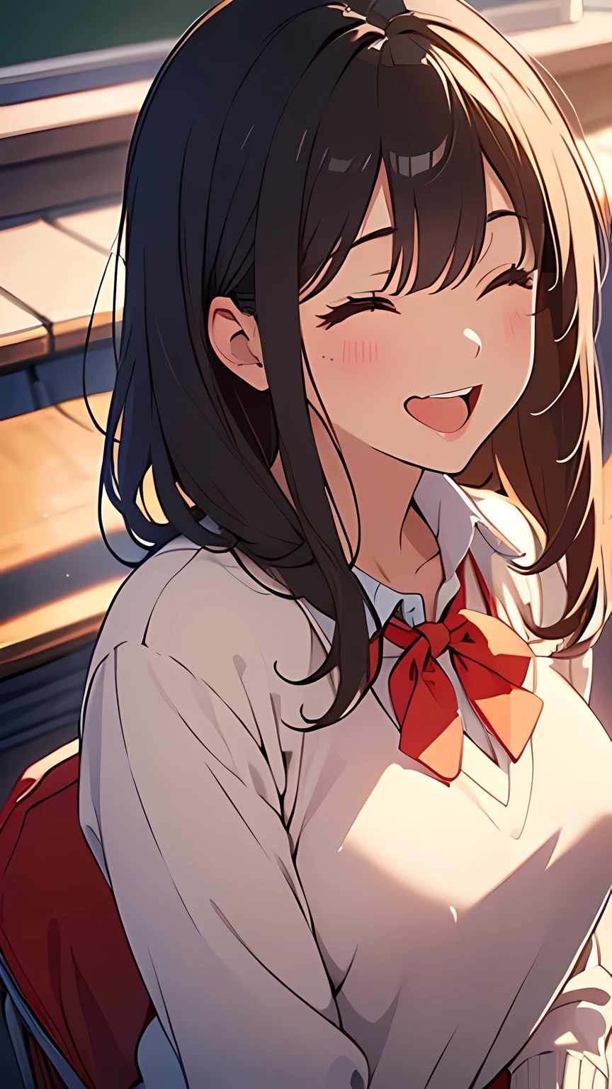 (masterpiece:1.6),(best quality1.6), (ultra high res1.2,(dark hair:1), ( black hair:1),(beautiful Busty breasts:1), (beautiful girl:1.4),a girl,bob hair,a sexy mole around the mouth,(enjoy:1.6), (happy:1.3),(burst into laughter:1.4), closed eyes,(squinting:1.4), (beige V Neck Sweater:1.1),(school uniform1.1),a red Checked bow tie, (upper body shot:1.3),side shot