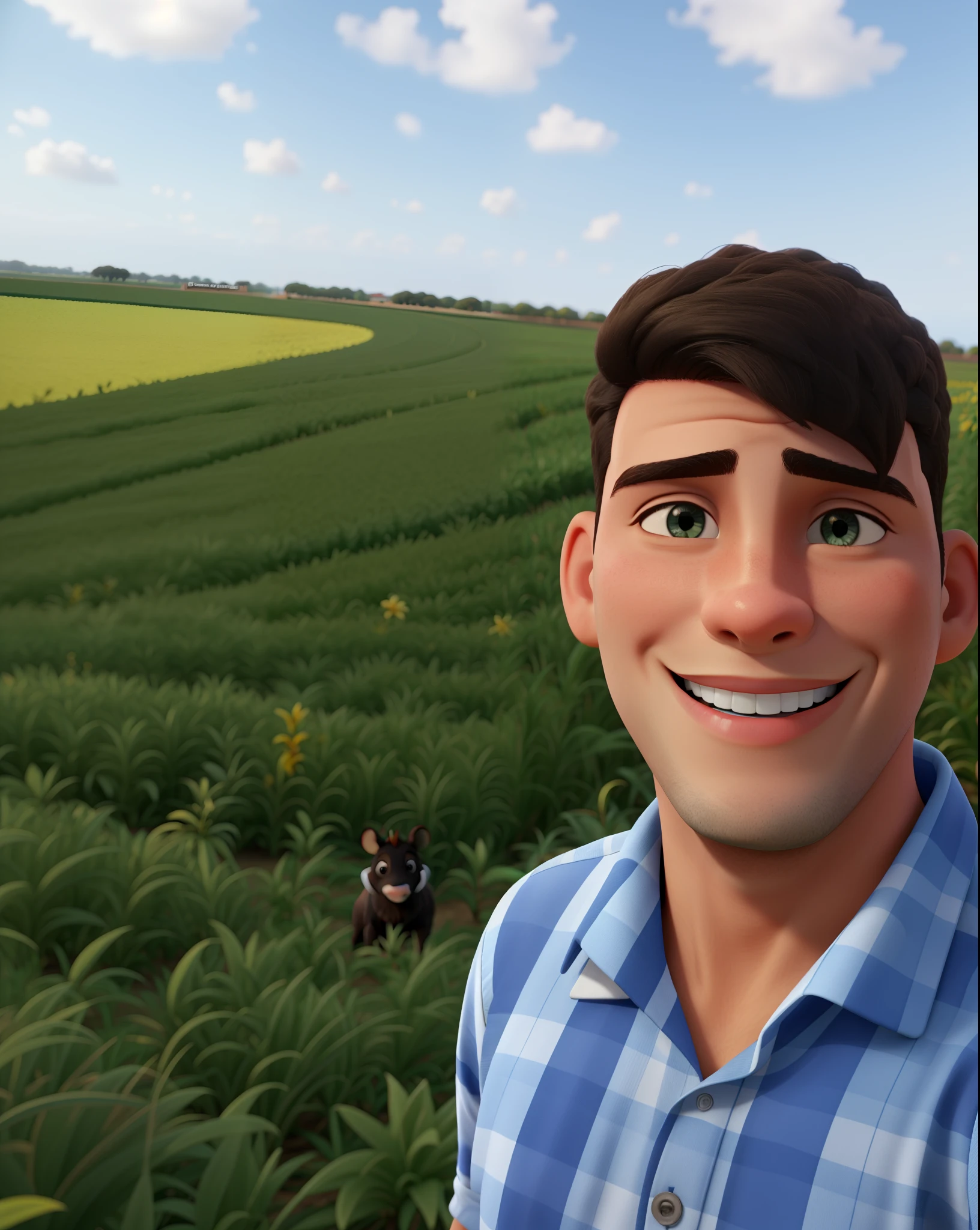 Um jovem agronomo, sorrindo, com um fundo atras de uma lavaoura de soja, e ele esta usando uma camisa social