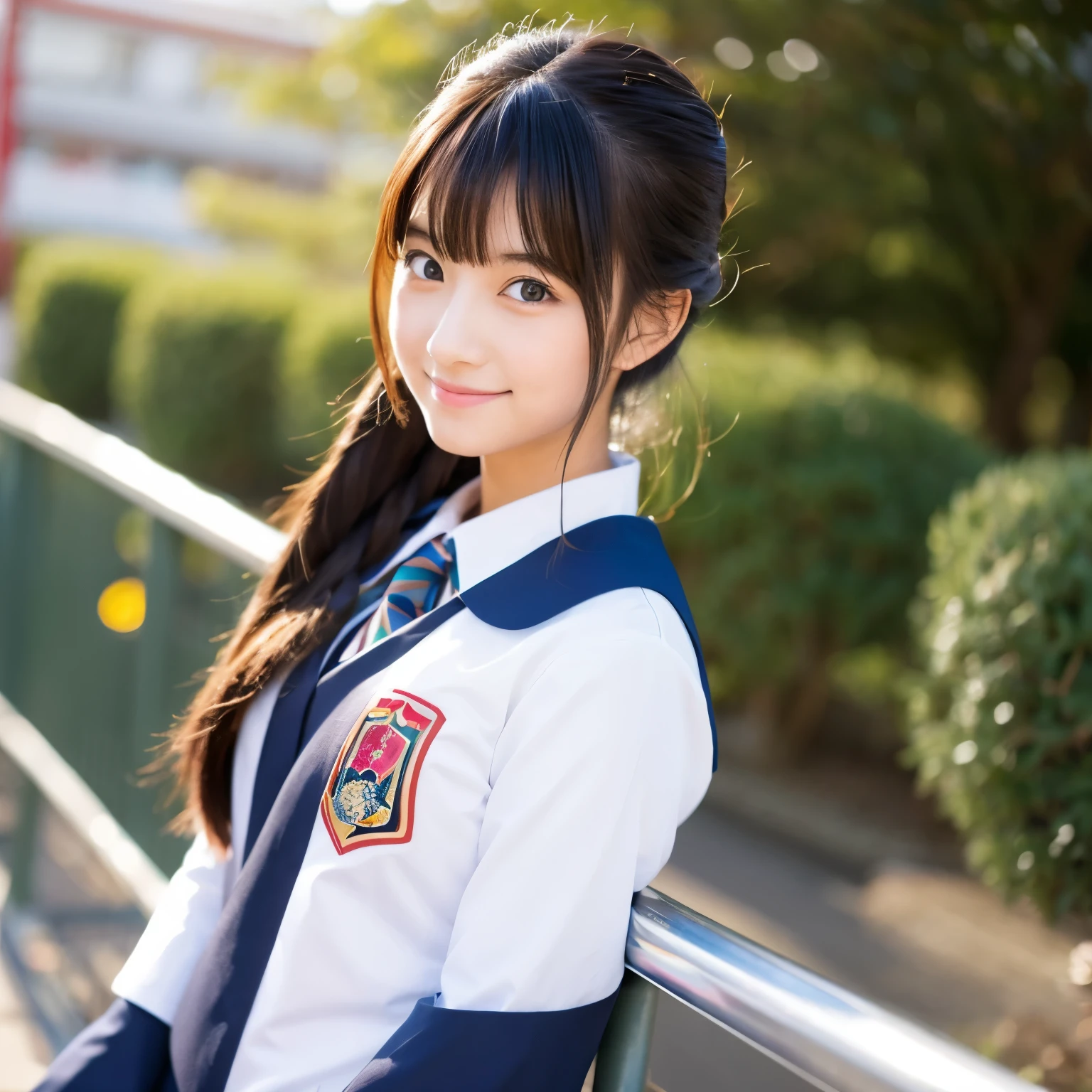 masterpiece, best quality, 1girl, solo, TBM, ((20yo, japanese face, japanese Actress)), long hair, black hair, black eyes, blue jacket, black gym-wear, (No expression), sitting, outdoors, sitting on a bench, ((upper body, face focus, face close-up)), smile, teeth,