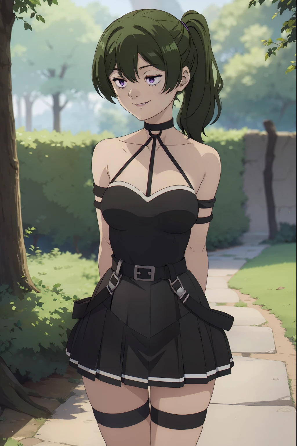 anime girl in a short dress with a bow and a choker, anime girl wearing a black dress, in dress, cute anime waifu in a nice dress, seductive anime girl, anime moe artstyle, a sexy maid in a magical forest, smooth anime cg art, attractive anime girl, made with anime painter studio, marin kitagawa fanart, noire, ubel, medium hair, hair between eyes, green hair, side ponytail, (purple eyes:1.1), skirt, gloves, dress, bare shoulders, pleated skirt, sleeveless, black gloves, elbow gloves, belt, miniskirt, black skirt, black footwear, (black dress:1.5), thigh strap, sleeveless dress, halterneck, armband, single glove, black belt, pleated dress, arm strap, smiling