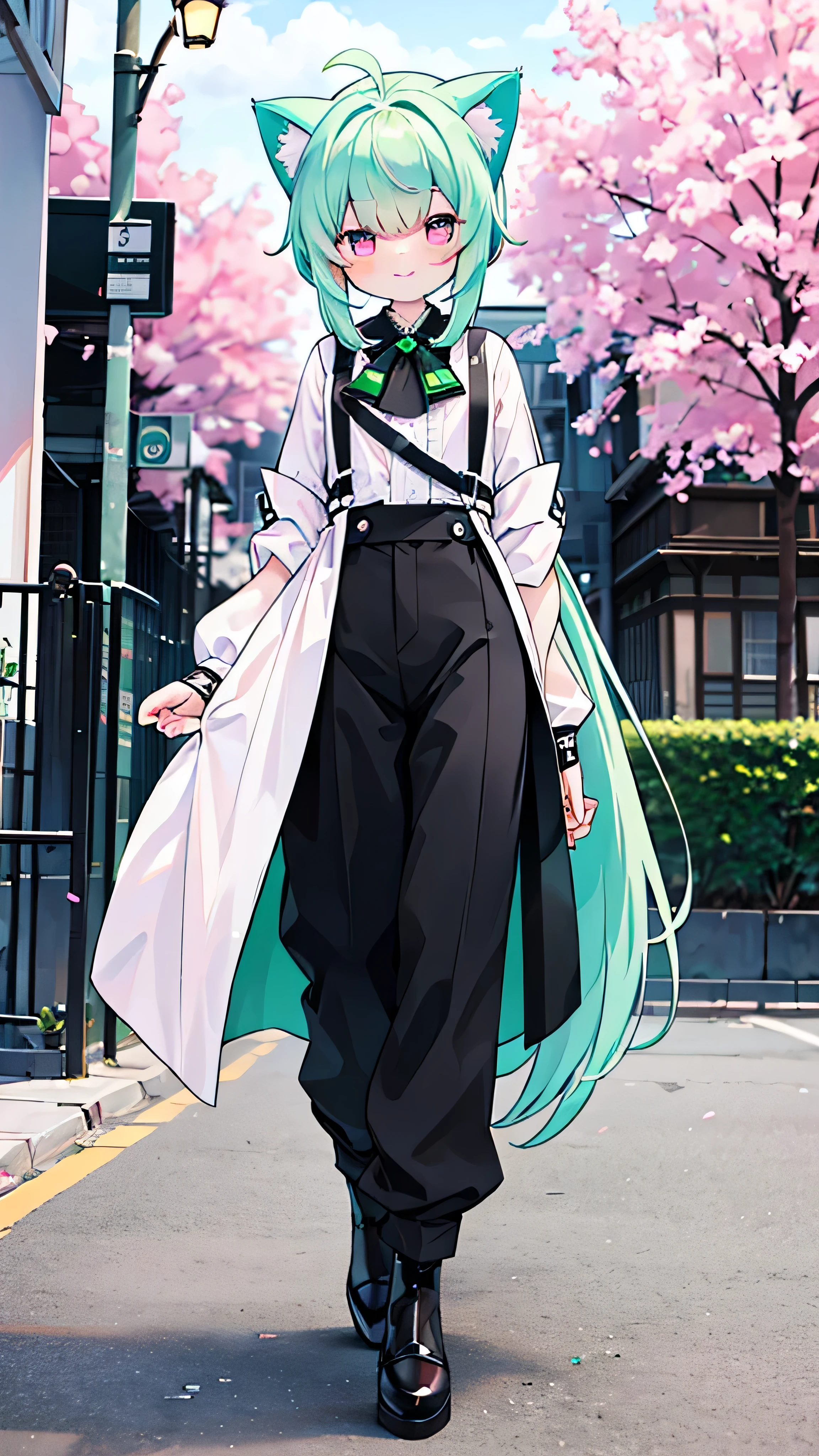 Alone、beautiful young man、Cat ear、Hair color with mesh in green hair、high ponytail、ribbon、boyish、smile、pink eyes、long hair、cool、Ahoge、black lolita clothes、pants style、Manly、tall