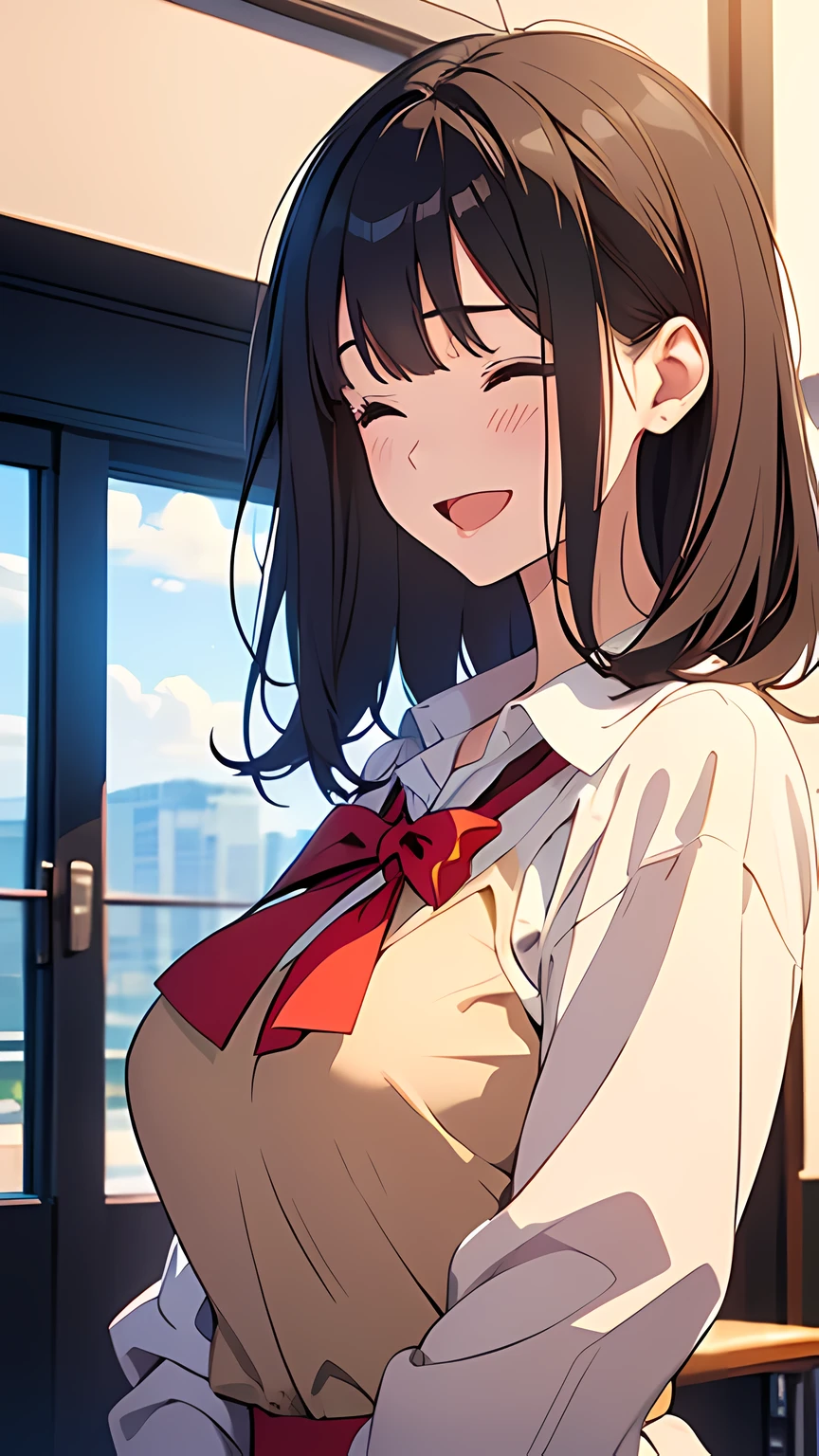(masterpiece:1.6),(best quality1.6), (ultra high res1.2,(dark hair:1), ( black hair:1),(beautiful Busty breasts:1), (beautiful girl:1.4), Wavy bob hair,a sexy mole around the mouth,(enjoy:1.6), (happy:1.3),(burst into laughter:1.4), closed eyes,(squinting:1.4), (beige V Neck Sweater:1),(school uniform1.1),a red Checked bow tie, (upper body shot:1.3),side shot