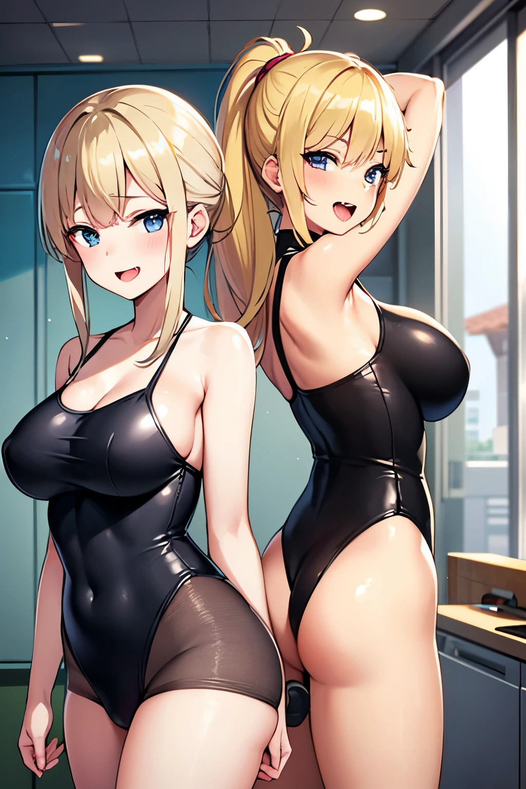 High school girl whose butt is touched by an old man,1 girl,big breasts, smile, laughter, Are standing, armpit, grab, tickle, Research room,saliva,please open your mouth wide,blonde ponytail,black leotard,girl tickled by fingers,