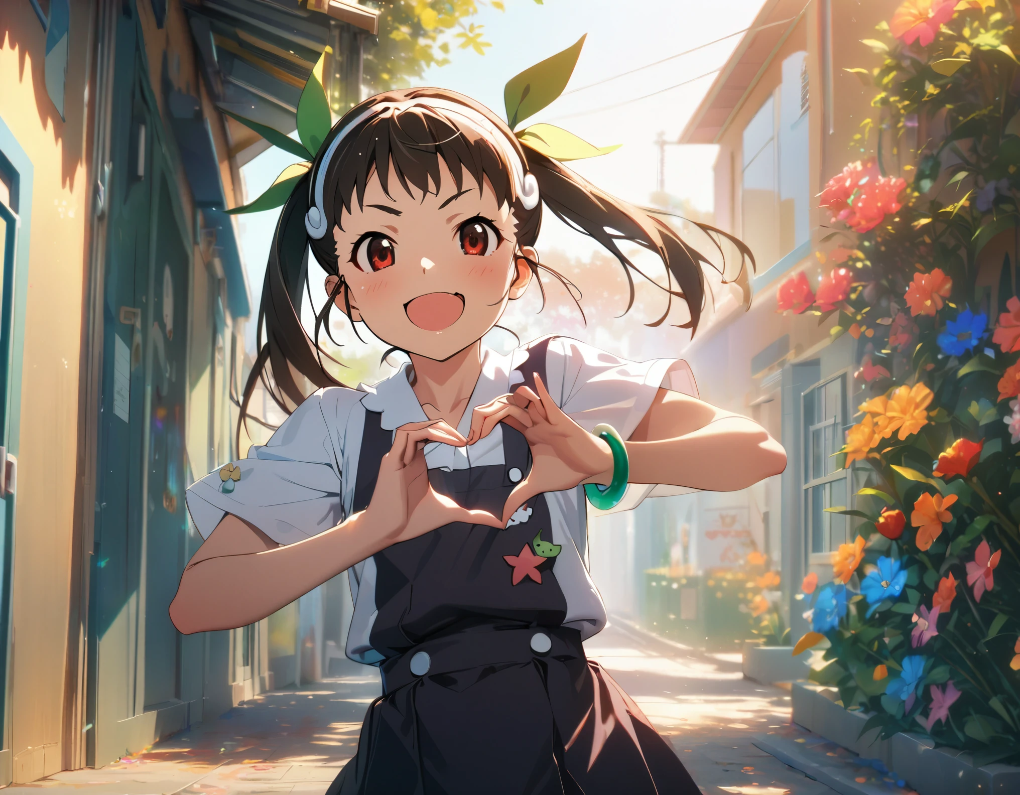 1girl,hachikuji mayoi,monogatari,heart hand,,cute,smile,ultra-detailed,colorful,expressive,vibrant colors,soft lighting,cheerful background,,lively strokes,detailed ,flower accessories,pleasant outdoor setting,natural sunlight,masterpiece,best quality,4k,8k,highres