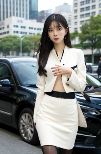 best quality, detailed, beautiful, insanely detailed, absurdres,perfect anatomy,
Japanese woman,black hair,27 years old,
(slender),
(small breasts),
full body shot, architectural photograph, car, glad, walking, front view, semi long, office lady,(cream skirt, long sleeves, pantyhose, cream jacket:1.1), piercing, japanese, in the city, in the evening, front view, (extreme wide shot:1.2)