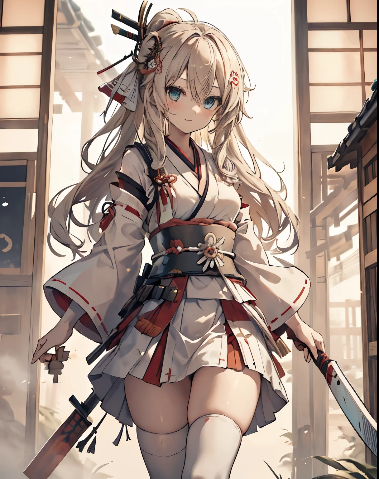 masterpiece,1girl, sparrow, a blonde haired girl, wearing a white japanese samurai kimono, curly long hair, messy hair, red skirt, slim body, small breasts, she close her left eye, shirt ornament, lolippai, lovely expression, beautiful breasts, rounded breasts, aqua eyes, dress, miniskirt, vie from under, ahoge, hair ribbon, samurai, miko, white stocking