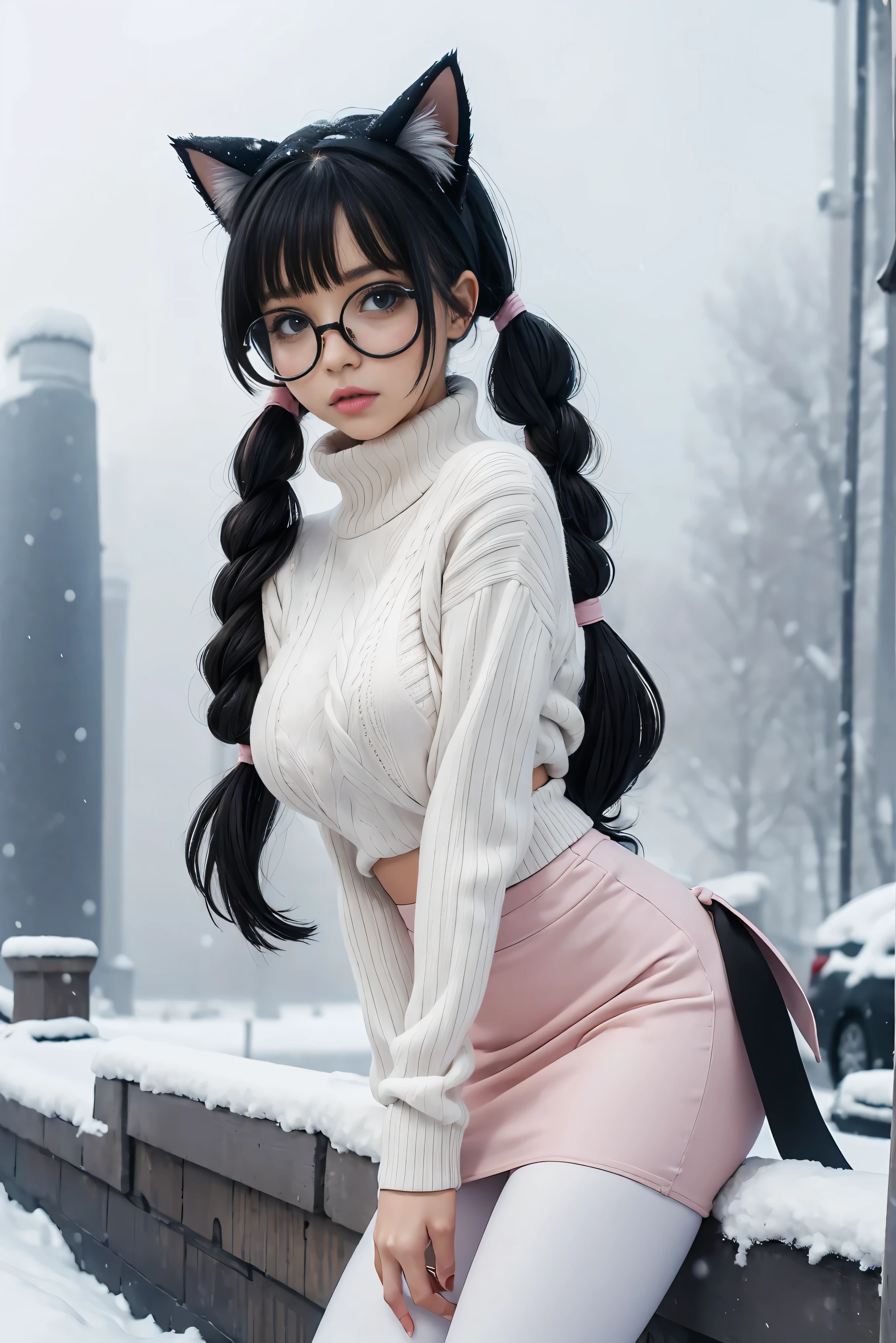 (Best Quality,High resolution:1.2), Ultra-detailed, Realistic portrait, hot Russian girl, pretty face, perfect long legs, full body, tiny waist. large breasts, standing, tight white cropped jumper, black high waist leggings, pink and white snow boots, in the snow, large blue eyes, long black hair tied up with a ribbon, pigtails, tight high waist mini skirt, woolen socks, hair bangs, snowing, foggy, (large round black rimmed glasses), cat ears