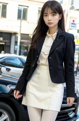 best quality, detailed, beautiful, insanely detailed, absurdres,perfect anatomy,
Japanese woman,black hair,27 years old,
(slender),
(small breasts),
full body shot, architectural photograph, car, glad, walking, front view, semi long, office lady,(cream skirt, long sleeves, pantyhose, cream jacket:1.1), piercing, japanese, in the city, in the evening, front view, (impressive panoramas:1.2)