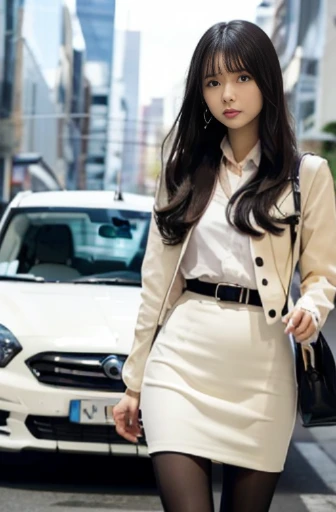 best quality, detailed, beautiful, insanely detailed, absurdres,perfect anatomy,
Japanese woman,black hair,27 years old,
(slender),
(small breasts),
full body shot, architectural photograph, car, glad, walking, front view, semi long, office lady,(cream skirt, long sleeves, pantyhose, cream jacket:1.1), piercing, japanese, in the city, in the evening, front view, (impressive panoramas:1.2)