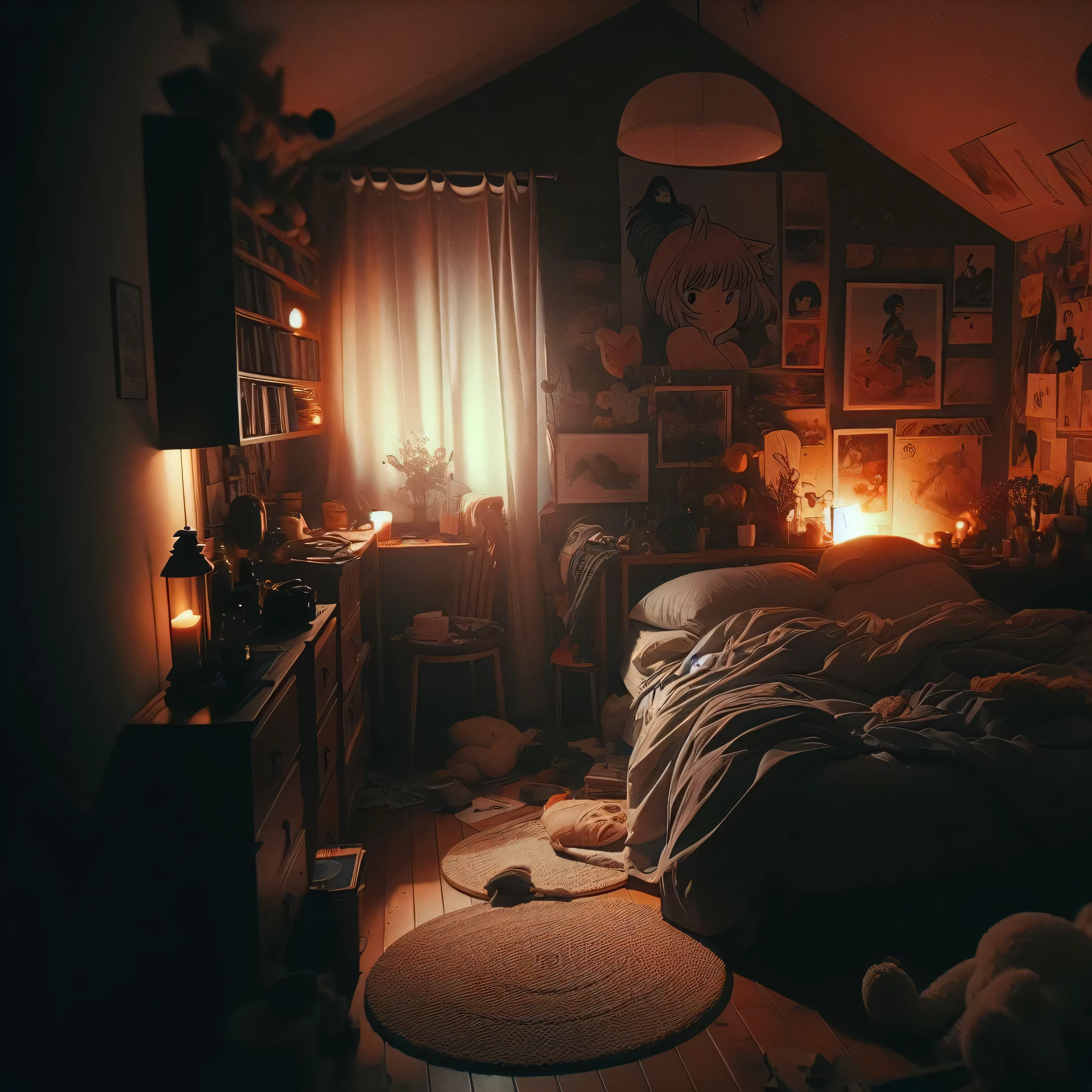 there is a bed with a blanket and a teddy bear on it, cozy room, dimly lit bedroom, dimly light room, cozy place, cozy atmospheric, dimly lit room, dim bedroom, cozy environment, cozy atmosphere, low light room, bedroom full of fire, dark bedroom, pleasant cozy atmosphere, cozy lighting, cozy and peaceful atmosphere, cozy lights