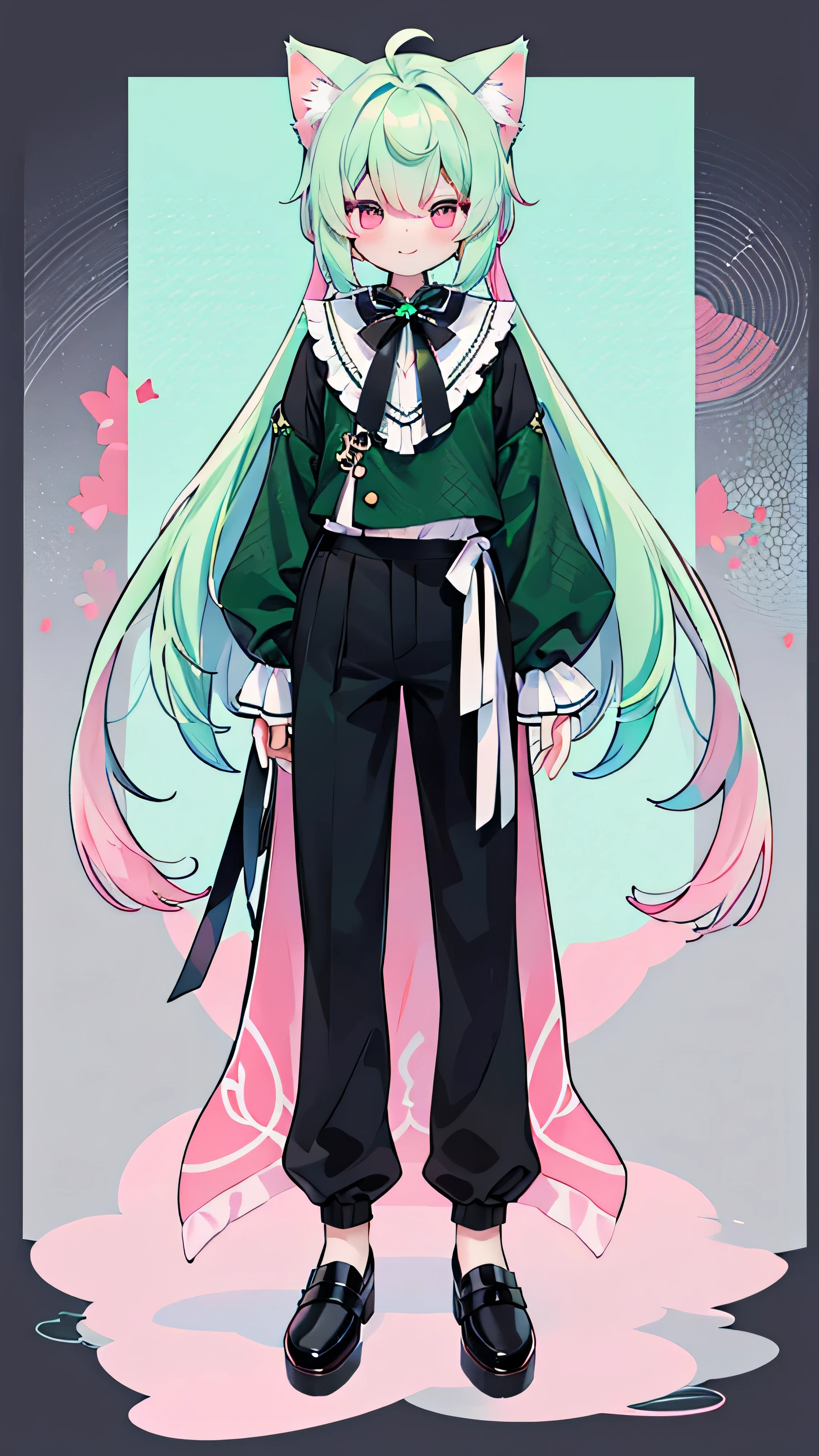 alone、beautiful young man、Cat ear、hair color with mesh on green hair、high ponytail、ribbon、boyish、smile、pink eyes、long hair、nice、Ahoge、Black Lolita Clothes、pants style、manly、expensive