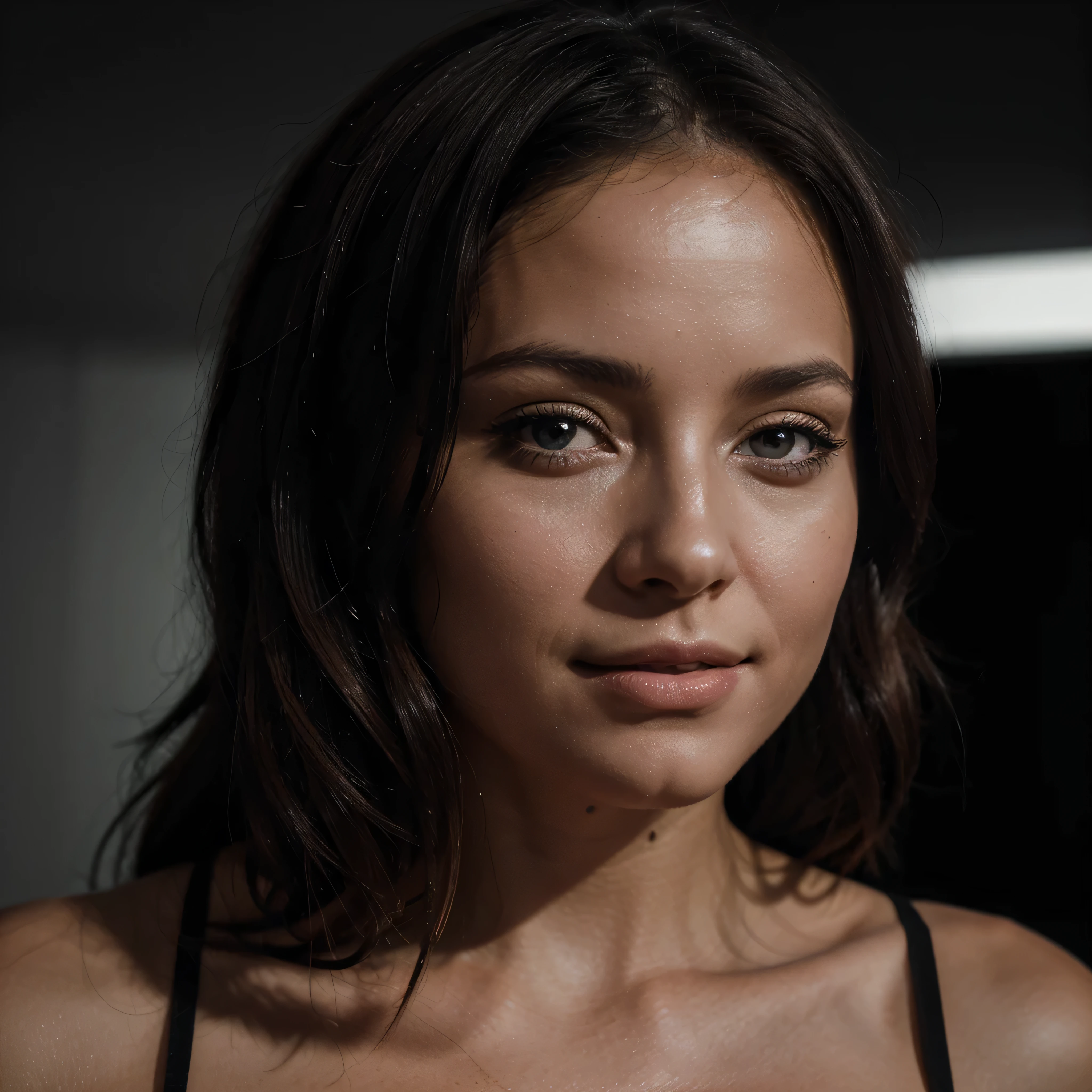 With light and shadow art photo, superbe femme souriante de 40 ans qui regarde le photographe, en noir et blanc, avec naturiste sur fond de studio ????, avec regard complice, 16k quality, which appears against a blurred background, with full-length framing of the model, avec encadrant d'une aura de mystère, with the presence of pure lines and shapes, avec une dimension sauvage à l'image, with her lips parted revealing a slight sheen, with shadows and lights, with a beauty that is both classic and contemporary, il capte l'attention et invite à la contemplation, Photo realism, cinematic, studio photo réaliste, photo fusion, avec effets photo, Cinema lighting