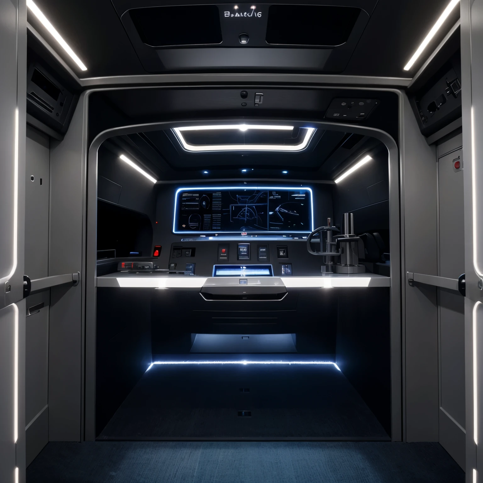 nave espacial rectangular formada por cables, iron and plastic with controls, pantallas led, parlantes y puertas corredizas