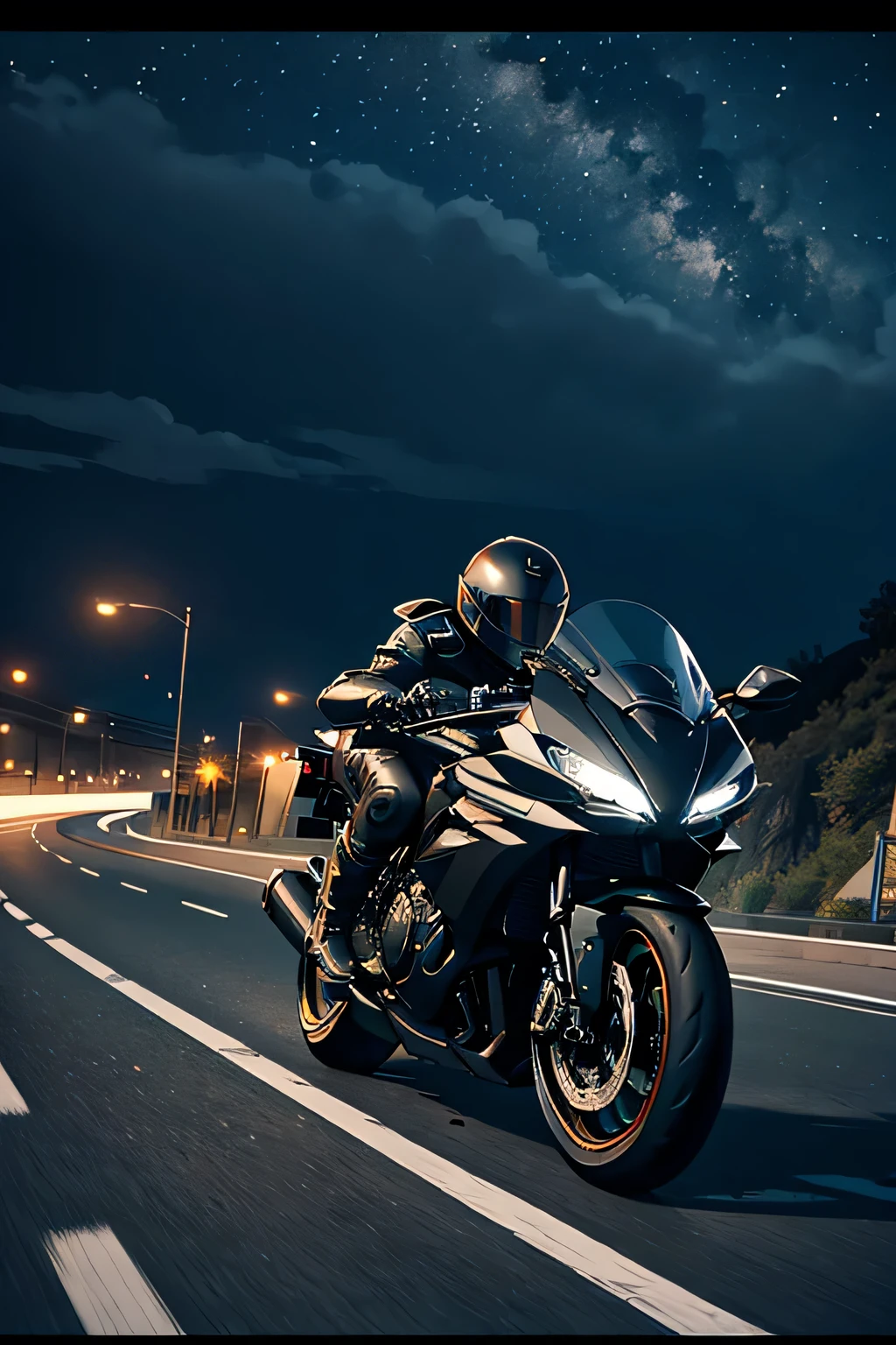 masterpiece, 8k, high detail, best quality, black motorcycle speeding down calm highway in the middle of the night, (side view)
