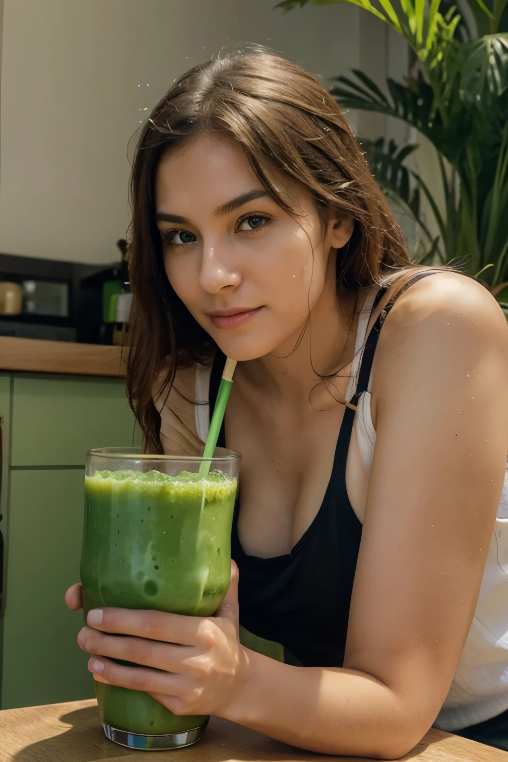 Make an image of a person in a glass drinking a green smoothie with the caption "Importance of Thiamine in your health"