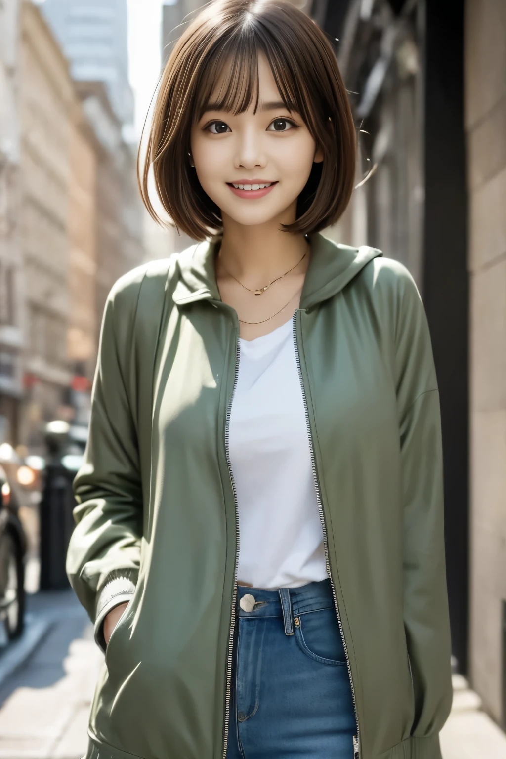 green jacket:1.3, smile:1.2, medium bob
