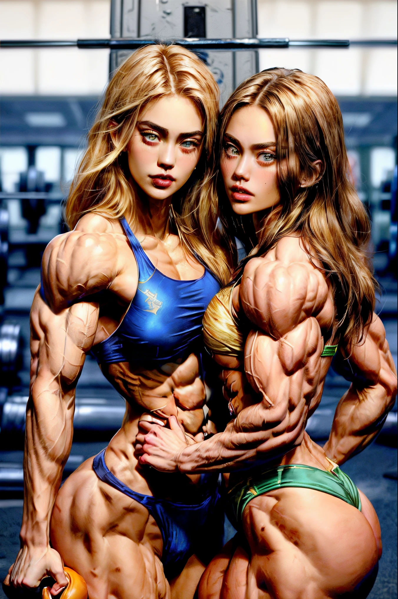 (2 girls body builders:1.6), ((masterpiece)), best quality, ultra-detailed:1.7, finely detail, high resolution:1.6, perfect dynamic composition, beautiful detailed faces:1.77, blonde babes:1.88, perfect pink lipstick, blue eyes, perfect makeup:1.8, short bikini , extra large breasts:1.4, lovely look:1.7, gorgeous face:1.6, defined muscles:1.4, beautiful faces:1.8, alessandra ambrossio, izabel goulart, Kate Upton, Gigi Hadid, candice swanpoel ,popped out dense veins on muscles:1.8, hyper detailed picture:1.4, 8k resolution: 1.7, flex muscles:1.3, hyper muscular body shape:1.42, photorealistic:1.5, realistic:1.6, face masterpiece:1.74, good and professional lighting on picture:1.38, Ukrainian-German muscle beauty goddess, masterpiece 25 years old Kylie Jenner and Megan Fox as bodybuilders, extremely high resolution, hyper feminine beauty , hyper realistic texture , hyper muscularity, hyper vascularity, ripped body shape, ripped sexy ass with bikini, muscular ass , topless, kissing, good face details, hyper face detailing, doing sex, very detailed muscle fibres, sexy french kiss, romantic, romantic moment, serious muscle posing, hard muscular ass, ass muscle fibres, super unique beauty, ginger and blonde barbie face females, exaggerated shredded muscles, super shredded muscular female breasts, sexy nude females, show her body naked, pure nudity picture