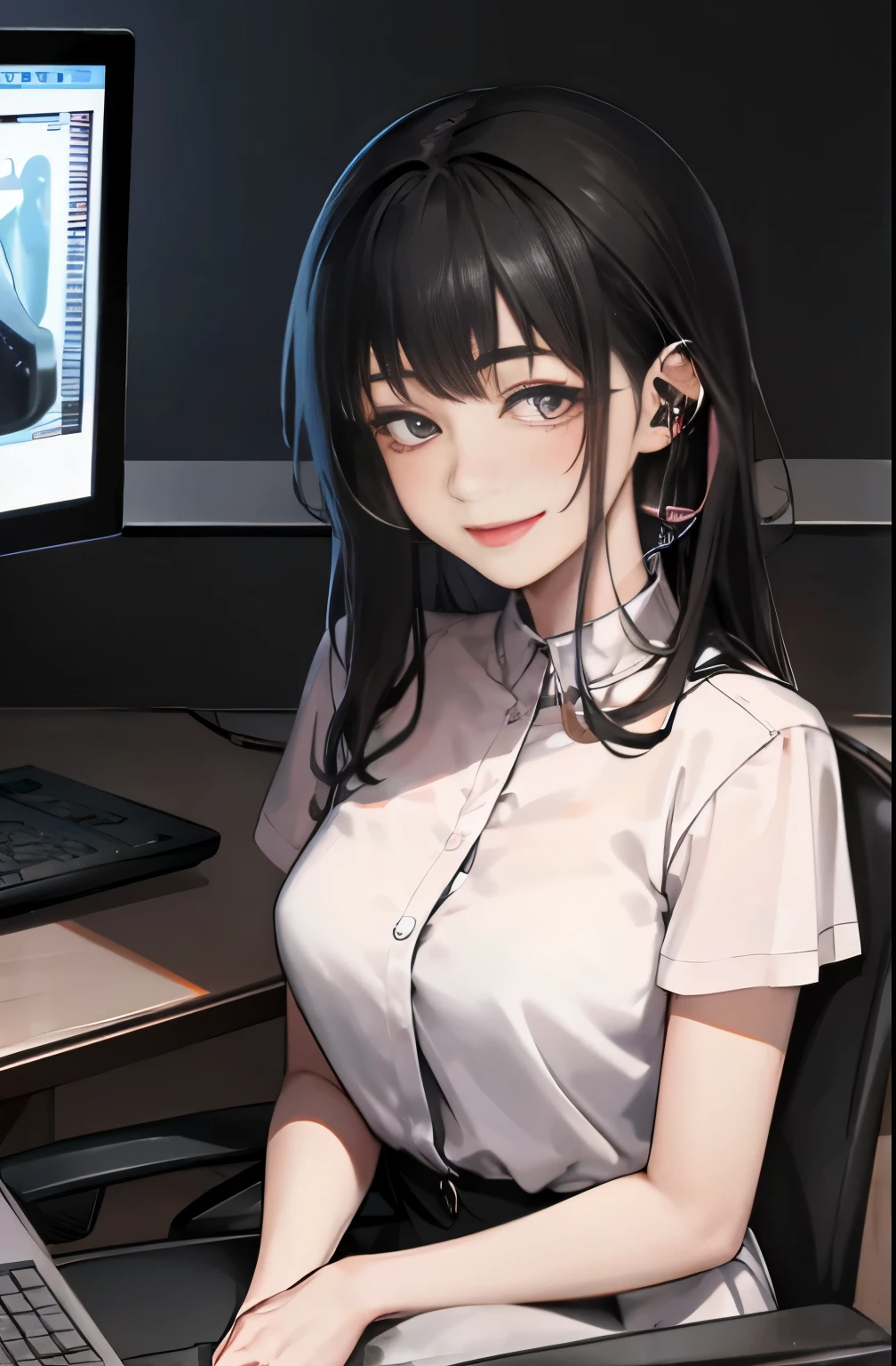 (masterpiece,highest quality,exquisite details),1 girl,smile,adorable,Pink short sleeves,black hair,sitting in front of the computer,live broadcast,live online,headset,vivid lighting