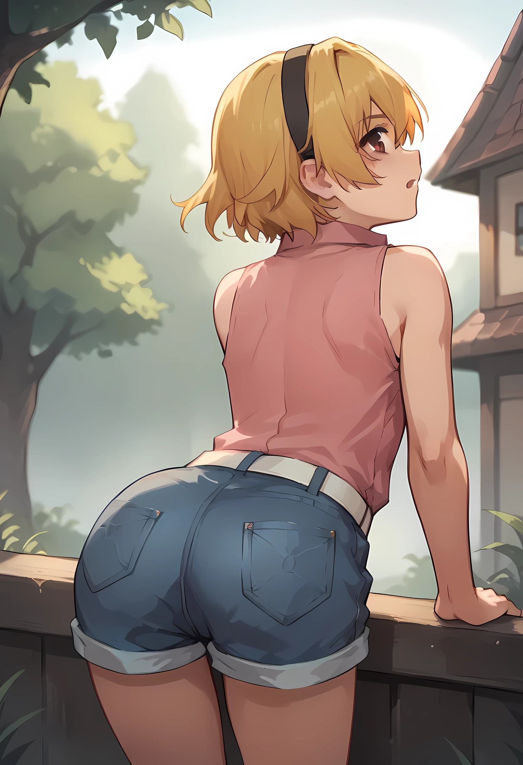 score_9, score_8_up, score_7_up, source_anime, 1girl, SatoCasual, blonde hair, red eyes, hairband, pink shirt, white belt, denim shorts, from behind, bent over, 