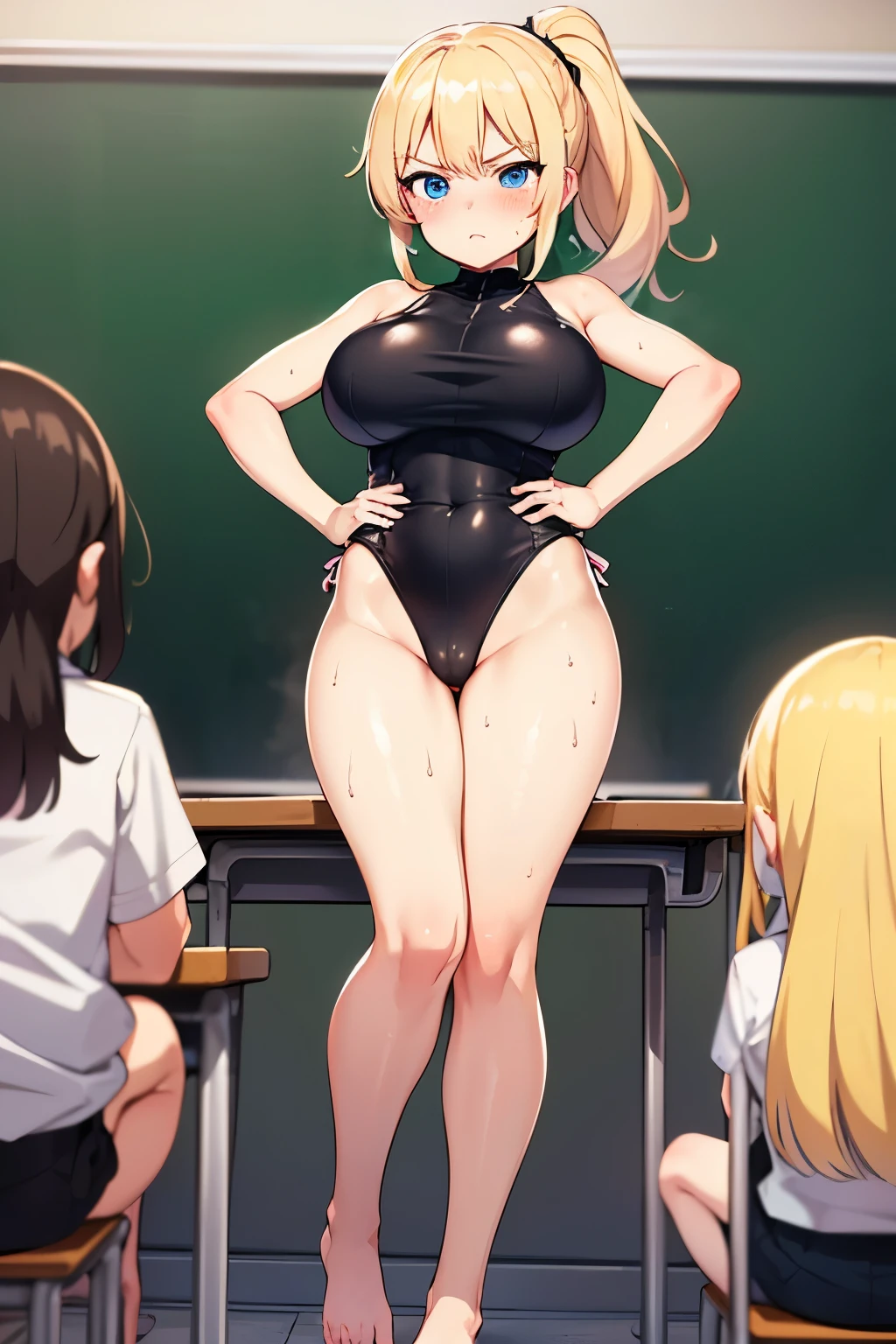 classroom,1 high school girl,blonde,ponytail,blue eyes,big breasts,blush,Sweat,serious face,black leotard,Super High Leg Cut,barefoot,backwards,T-back,(there are children around:1.5),
