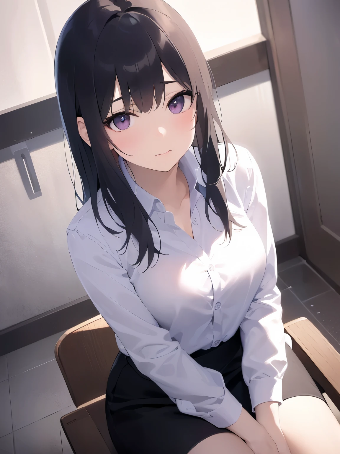 sitting on Chair, Hands on knees、leaning forward, shooting from above、looking up, Upper Body, Realistic, real person, (pale skin: 1.2), RAW photo, photorealistic, portrait photography, shiny skin, japanese idol、shiny hair、(25 year old woman with straight medium hair with bangs) and (black hair) and (purple eyes) , (white collared shirt) and (long sleeve) 、Tight Skirt、(embarrassed:1.3), The background is an office room at night.、Alone、Are standing