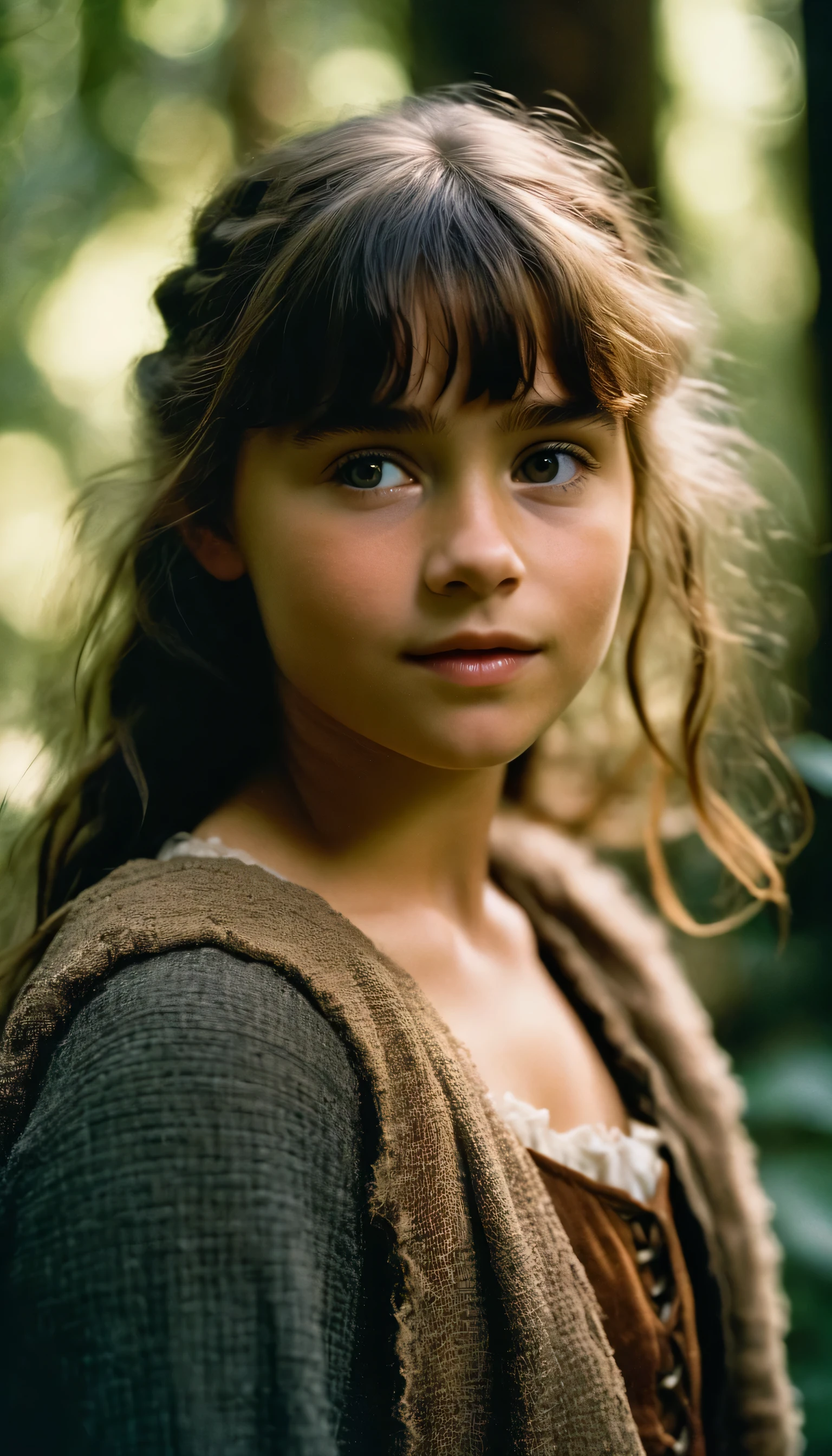 analog film photo, photo of young hobbit thief, female, -old, sunnned skin, diminutive stature, stocky build, shaggy bangs, pretty, natural beauty, resembles Emilia Clarke, mystical forest, RAW Photograph, dslr, soft lighting, high quality, film grain, Fujifilm XT3, detailed skin with visible pores, insane details, masterpiece, 8k, 35mm photograph, dslr, kodachrome, faded film, desaturated, 35mm photo, grainy, vintage, Kodachrome, Lomography, stained, highly detailed, found footage, close-up shot 